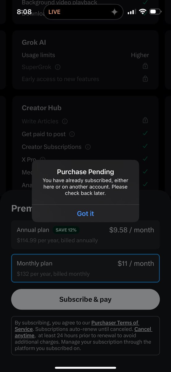 Dear <a href="/nikitabier/">Nikita Bier</a> I can’t pay yall money to upgrade to premium bc I’m already paying on my <a href="/OutsideLLMs/">Outside LLMs 2.0 - The AI & Music Buildathon</a> account? <a href="/Support/">Support</a> <a href="/elonmusk/">Elon Musk</a> can I please pay on both? Thanks. I want to dm someone