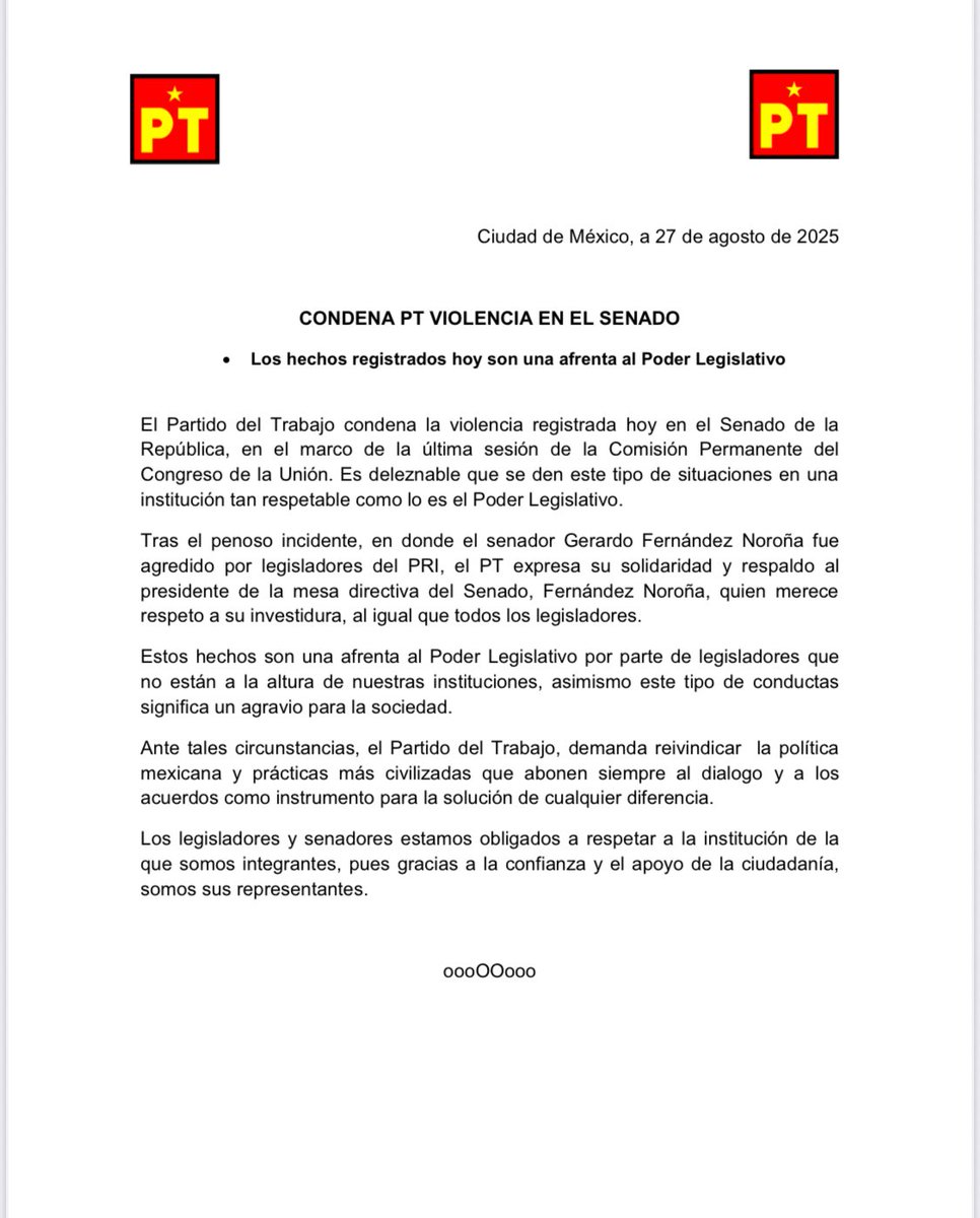El Partido del Trabajo condena la violencia registrada hoy en el Senado de la República. Es deleznable que se den este tipo de situaciones en una
institución tan respetable como lo es el Poder Legislativo.