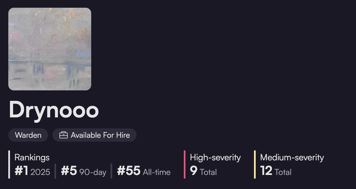 drynooo's tweet image. Great rewards in 3 chainlink contests landed me #1 on the C4 2025 rankings. Thanks @chainlink &amp;amp; @code4rena &amp;amp; @CodeHawks !

Keep pushing and improving, and opportunities will come.

Btw, I&apos;m open to private audits. Prices are very negotiable for early partners. Feel free to DM me.