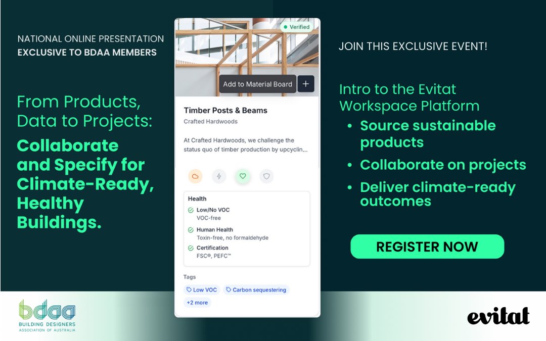 We are excited to welcome Evitat to our next National Chapter Meeting. This innovative platform is set to transform sustainability and design practices. Plus, hear industry and Festival updates from CEO Chris Knierim.
Tue 2 Sept, 1–2 PM AEST
Register: bdaa.com.au/EventDetail?Ev…