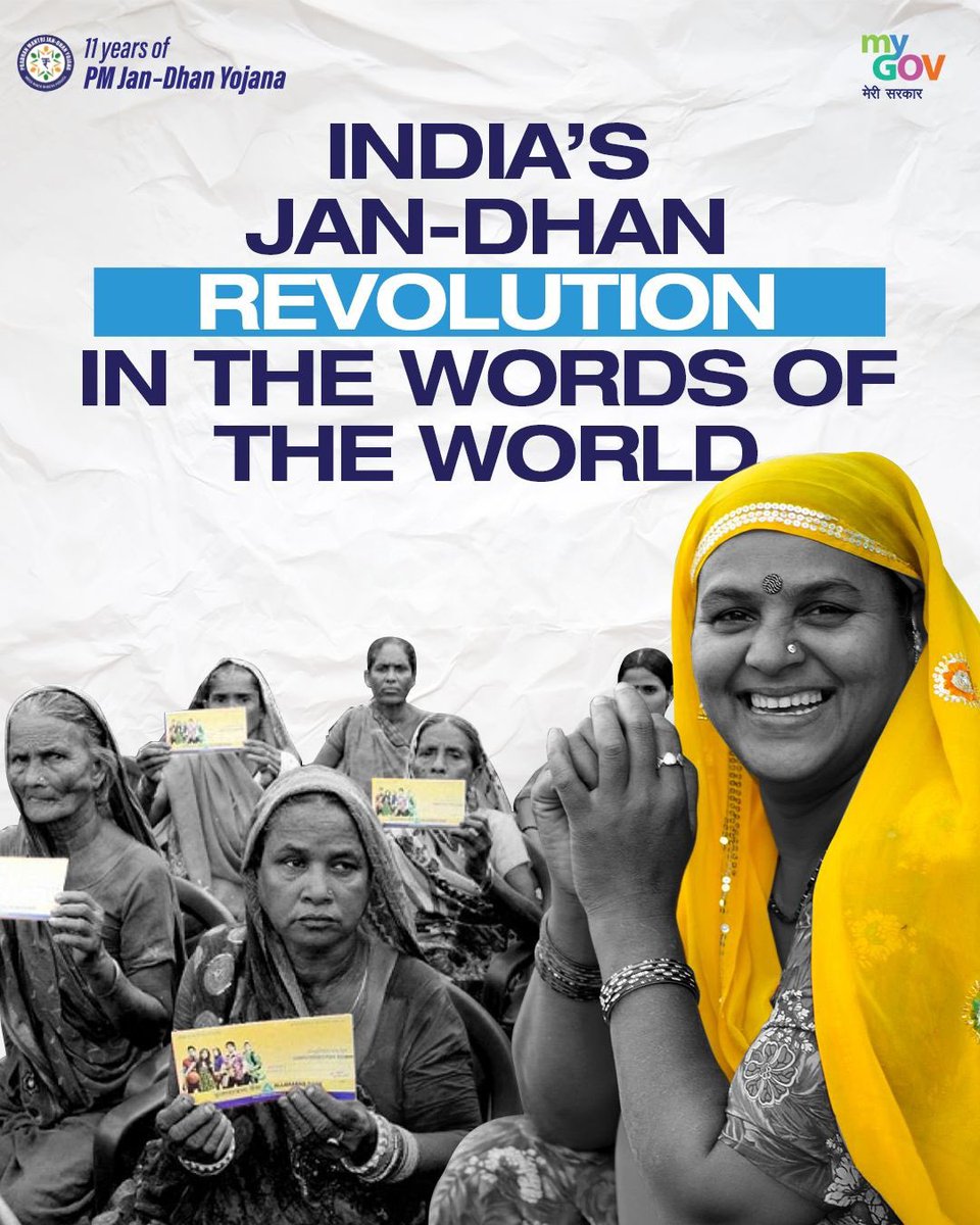 𝟏𝟏 𝐘𝐞𝐚𝐫𝐬 𝐨𝐟 𝐉𝐚𝐧 𝐃𝐡𝐚𝐧 𝐘𝐨𝐣𝐚𝐧𝐚!

On the Anniversary of Pradhan Mantri Jan Dhan Yojana, we celebrate a decade of India’s financial inclusion revolution.

Under the leadership of PM <a href="/narendramodi/">Narendra Modi</a>, Jan Dhan has given crores access to banking, credit and insurance,