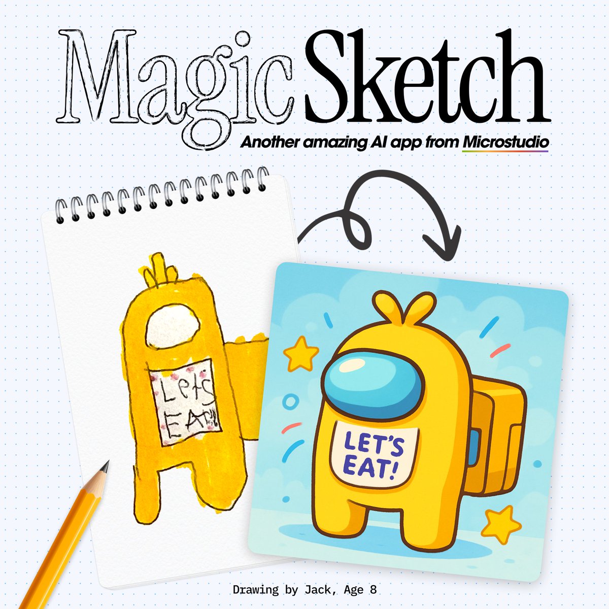 microstudio_ai's tweet image. Jack (age 8) drew a cartoon mashup and asked MagicSketch to help him take it to the next level. Who knows the two references here? 

Another amazing AI app from Microstudio. Get early access @ Microstudio.ai