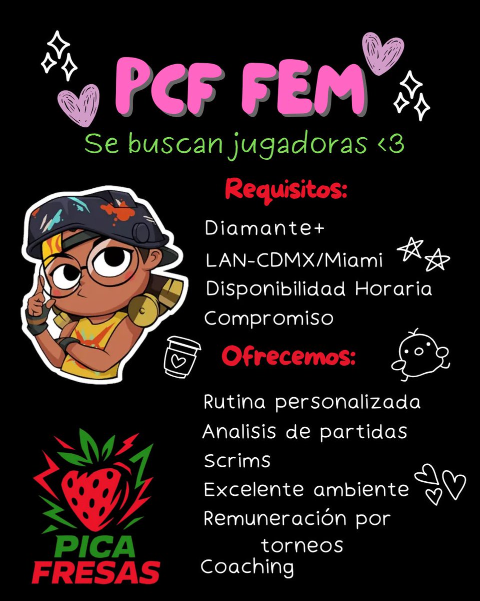 Picafresas esta en busca de jugadoras para su Equipo Fem <3
Si gustas entrar puedes mandar MD al discord ''karlitauwu_''