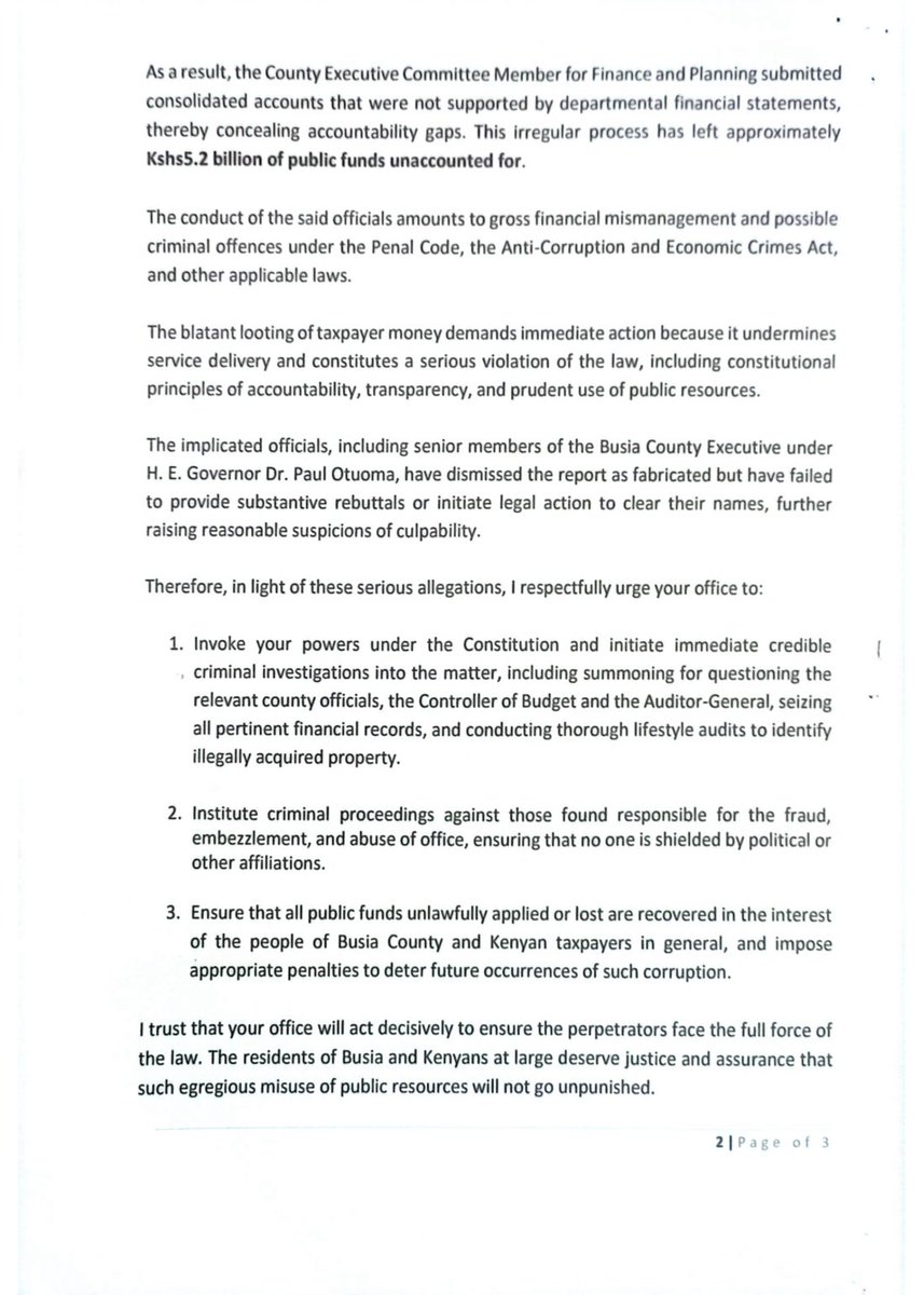 OkiyaOmtatah's tweet image. I have formally written to the EACC on the rampant corruption in the Busia County Executive.
The letter is copied and delivered to President Ruto, Governor Otuoma, the Controller of Budget, and the Auditor-General.
The fight against corruption and impunity must be decisive.…