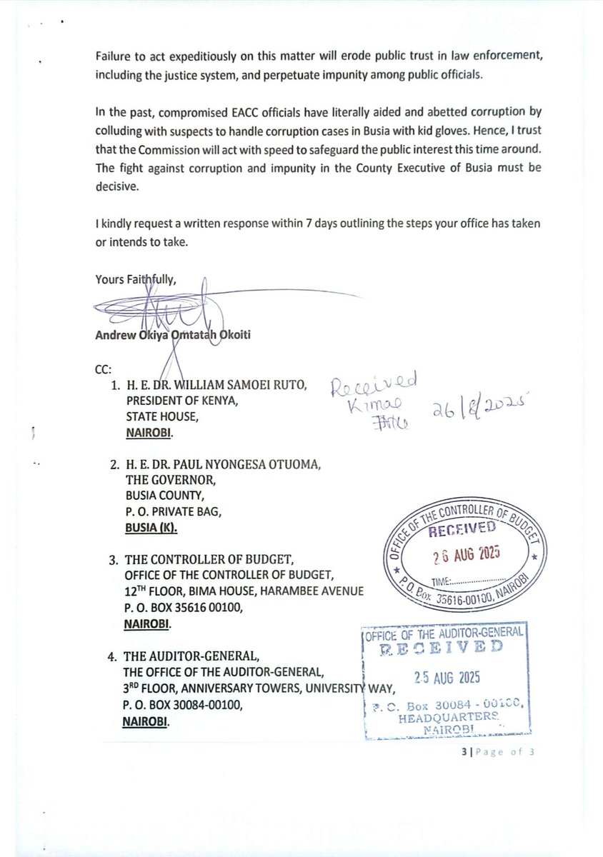I have formally written to the EACC on the rampant corruption in the Busia County Executive.
The letter is copied and delivered to President Ruto, Governor Otuoma, the Controller of Budget, and the Auditor-General.
The fight against corruption and impunity must be decisive.