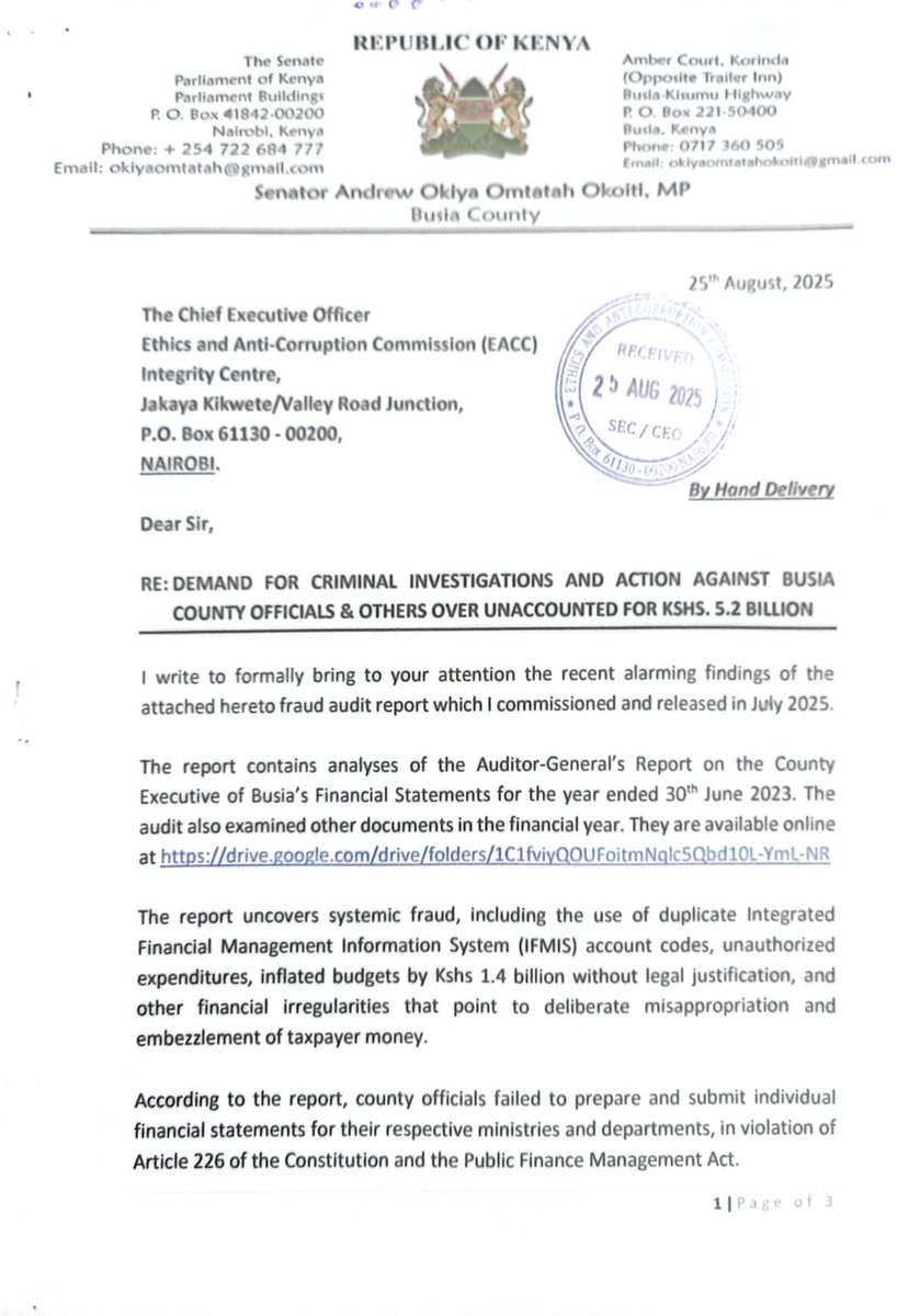 OkiyaOmtatah's tweet image. I have formally written to the EACC on the rampant corruption in the Busia County Executive.
The letter is copied and delivered to President Ruto, Governor Otuoma, the Controller of Budget, and the Auditor-General.
The fight against corruption and impunity must be decisive.…