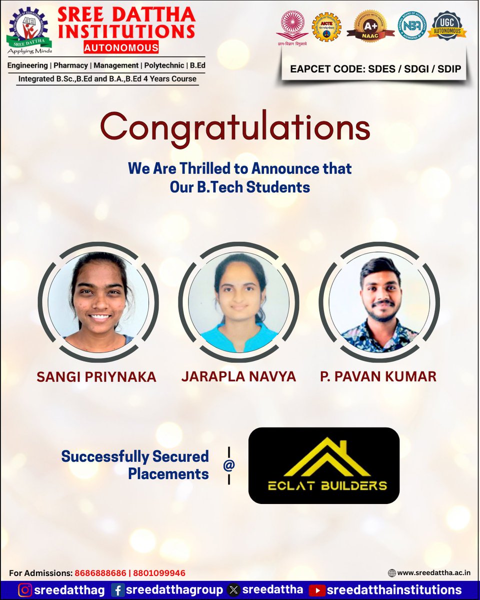 SreedatthaG's tweet photo. ✨ Celebrating Success ✨
Another milestone unlocked! Three of our bright https://t.co/jocRm6Eifz students has secured placement with ECLAT Builders. 🌟💼
Dreams turn into reality with passion,
#SDES #SDGI #SreeDatthaInstitutions #CareerSuccess #BTechPlacements #ECLATBuilders https://t.co/oILarl2KjU