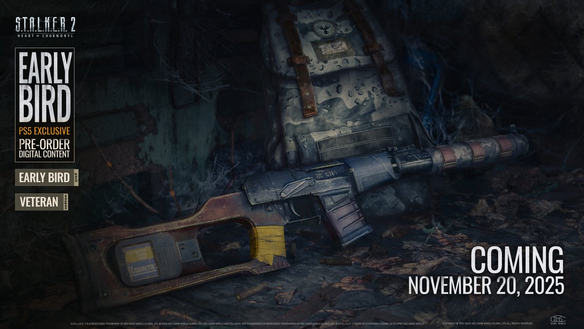 S.T.A.L.K.E.R. 2: Heart of Chornobyl will be coming to PS5 &amp; PS5 Pro on Nov 20, 2025 — exactly one year after its PC and Xbox Series X|S release.

For more details and to pre-order the game: 
store.playstation.com/en-us/concept/…