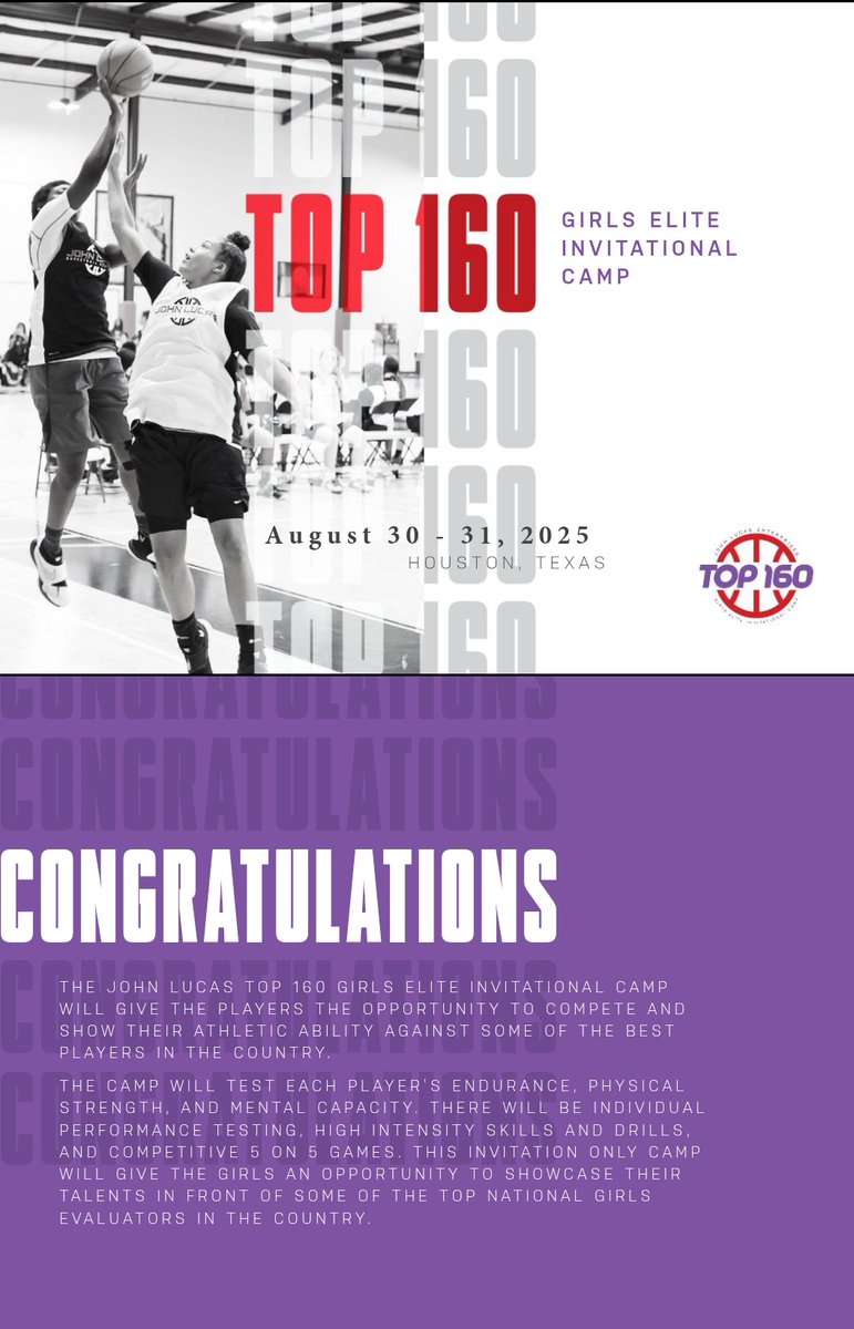 I'm excited about having the opportunity to compete and learn at the Top 160 Camp this weekend.
<a href="/Top160media/">TOP 160</a> <a href="/JLEnterprises/">JOHN LUCAS ENT</a> <a href="/HoustonLadyNets/">Coach D</a> <a href="/grandoaksgbb/">Grand Oaks Girls Basketball</a>