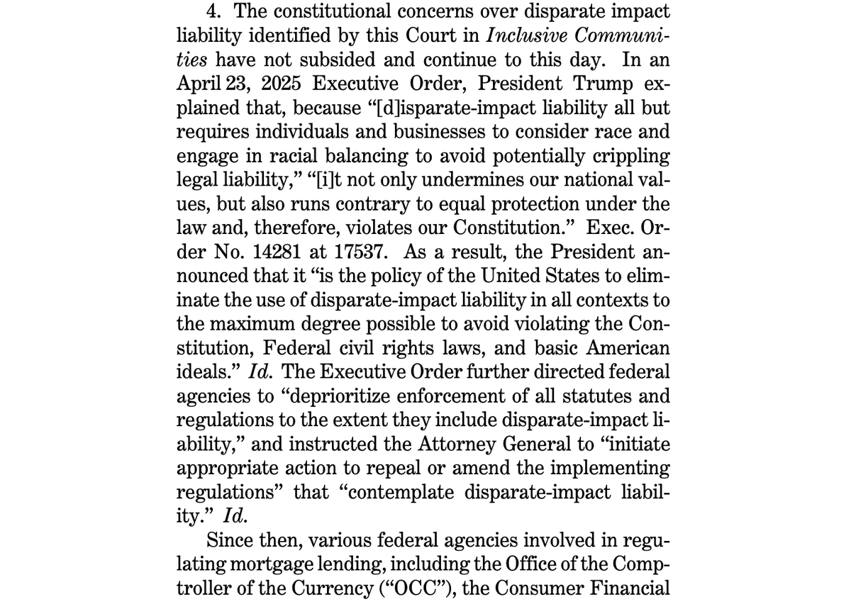 A new cert petition asks the Supreme Court to overrule its 2015 decision permitting disparate impact claims under the Fair Housing Act. It mentions the April disparate impact executive order.

Case is 25-229, Emigrant Mortgage Company v. Saint-Jean.