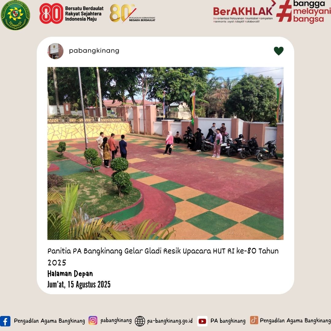 pabangkinang's tweet image. [PA Bangkinang - Media]

Jum'at, 15 Agustus 2025
“Detail kecil menentukan sukses besar.”

PA Bangkinang mantapkan persiapan lewat gladi resik upacara HUT RI ke-80.

Berita Selengkapnya:
pa-bangkinang.go.id/seputar-peradi…

#pabangkinang #gladiresik #upacara #hutri80 #menujuwbk #kemenpanrb