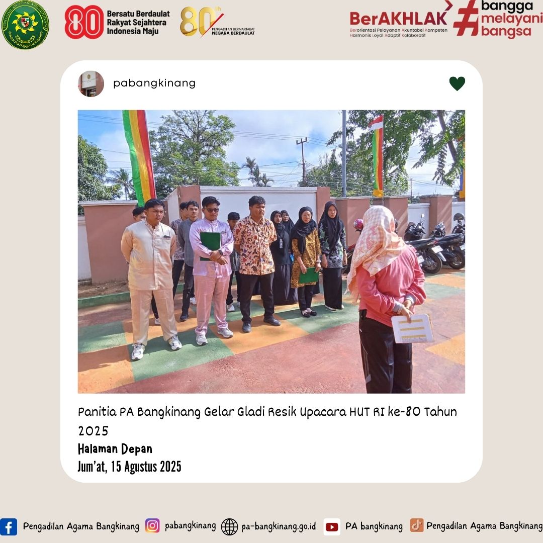 pabangkinang's tweet image. [PA Bangkinang - Media]

Jum'at, 15 Agustus 2025
“Detail kecil menentukan sukses besar.”

PA Bangkinang mantapkan persiapan lewat gladi resik upacara HUT RI ke-80.

Berita Selengkapnya:
pa-bangkinang.go.id/seputar-peradi…

#pabangkinang #gladiresik #upacara #hutri80 #menujuwbk #kemenpanrb