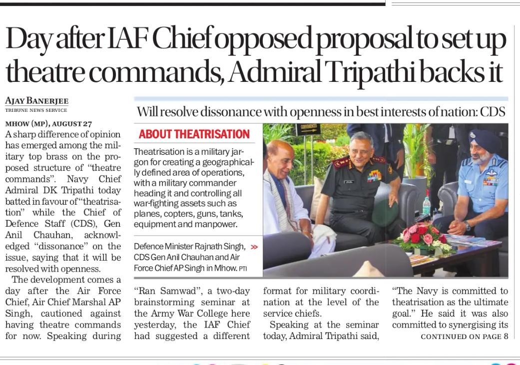 Ajay Banerjee (@ajaynewsman) on Twitter photo A day after IAF chief said no new military structures are needed, for now, the Navy chief differed saying 'theaterisation' is ultimate goal.
<a href="/thetribunechd/">The Tribune</a>
<a href="/IAF_MCC/">Indian Air Force</a> <a href="/indiannavy/">SpokespersonNavy</a>
Link 👇
tribuneindia.com/news/india/day… A day after IAF chief said no new military structures are needed, for now, the Navy chief differed saying 'theaterisation' is ultimate goal.
<a href="/thetribunechd/">The Tribune</a>
<a href="/IAF_MCC/">Indian Air Force</a> <a href="/indiannavy/">SpokespersonNavy</a>
Link 👇
tribuneindia.com/news/india/day…