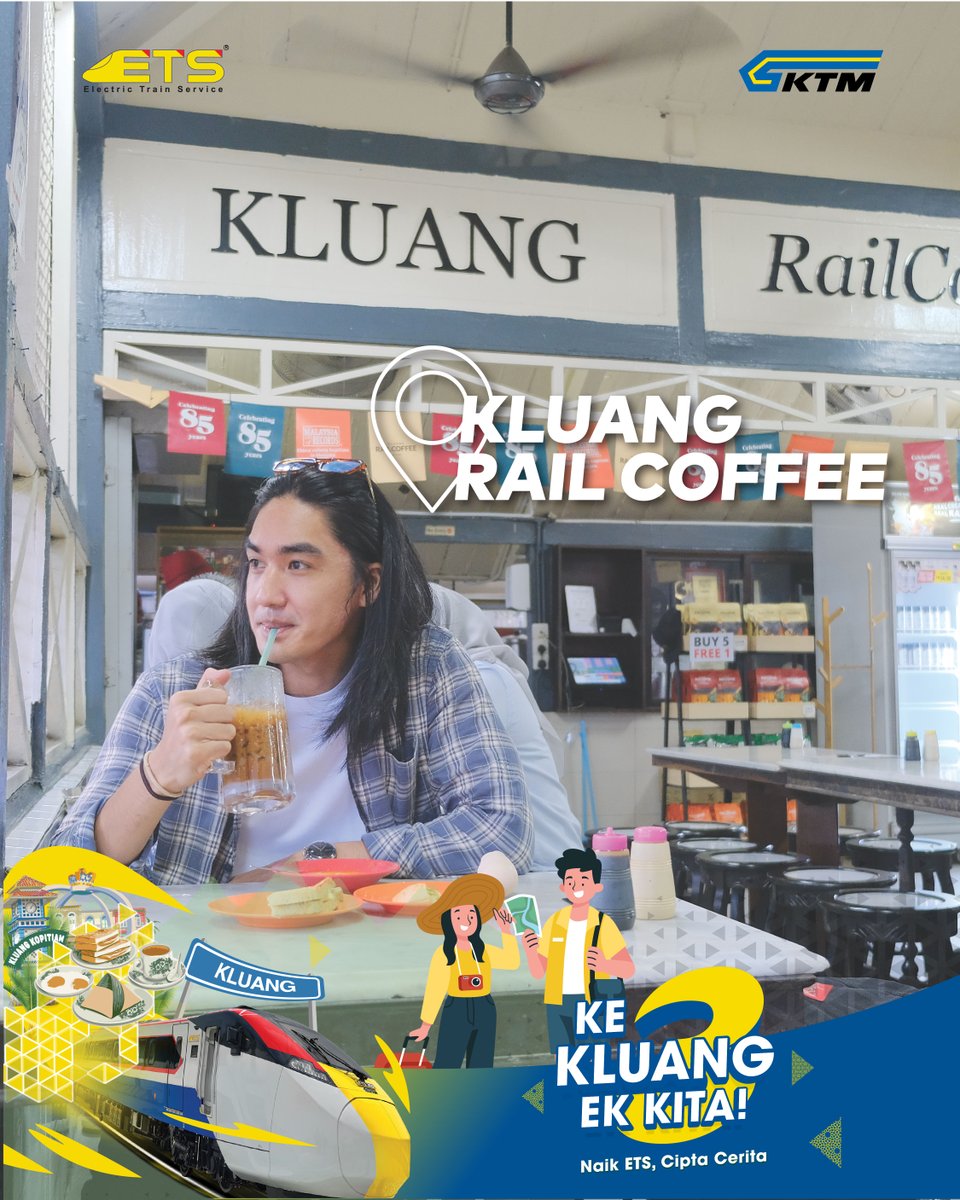 ktm_berhad's tweet photo. ☕✨ Jom 𝘥𝘢𝘺 𝘵𝘳𝘪𝘱 ngopi &amp; jalan-jalan Kluang hujung minggu ni! 🚄 Naik ETS, pagi pergi, petang balik pun steady.

📍 Kluang Rail Coffee cuma 300m dari Stesen KTM Kluang. 🎟️ Tempah tiket mudah di 📱 KITS Style.

#ETS #ETS3 #electrictrainservice #KTMB #ETSkeKluang https://t.co/5NU4GUDmuI