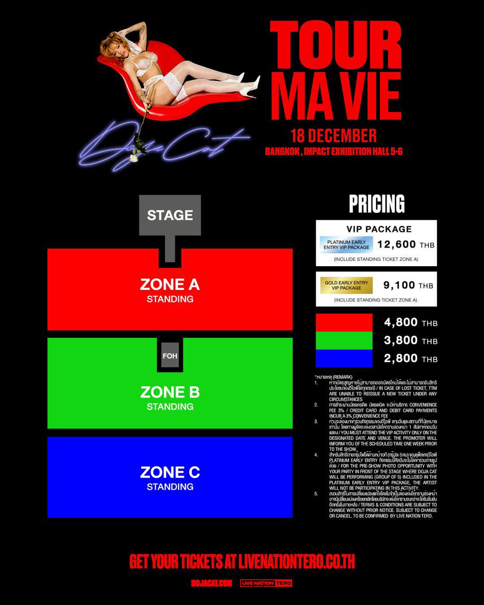 ผังคอนเสิร์ตและราคาบัตร Doja Cat วันที่ 18 ธันวามาแล้ว ราคาเริ่มที่ 2,800 บาทและเป็นบัตรยืนทั้งหมด มีพรีเซลวันที่ 3, 4 และ 6 กันยาก่อนที่จะเปิดจำหน่ายบัตรทั่วไปในวันที่ 7 #DojaCatMaVieTourBKK