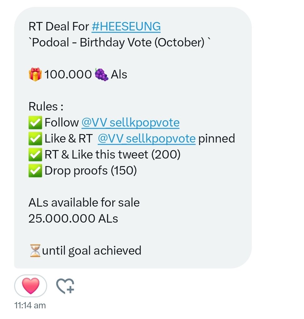sere ๐ช (@heejakeunitwhen) on Twitter photo RT Deal For #HEESEUNG
`Podoal - Birthday Vote (October) `
๐ 100.000 ๐ Als
Rules :
โ
Follow <a href="/VV_sellkpopvote/">PICNIC & PODOAL SELL</a>
โ
Like & RT <a href="/VV_sellkpopvote/">PICNIC & PODOAL SELL</a> pinned
โ
RT & Like this tweet (200)
โ
Drop proofs (150)
ALs available for sale
25.000.000 ALs
โณuntil goal achieved RT Deal For #HEESEUNG
`Podoal - Birthday Vote (October) `
๐ 100.000 ๐ Als
Rules :
โ
Follow <a href="/VV_sellkpopvote/">PICNIC & PODOAL SELL</a>
โ
Like & RT <a href="/VV_sellkpopvote/">PICNIC & PODOAL SELL</a> pinned
โ
RT & Like this tweet (200)
โ
Drop proofs (150)
ALs available for sale
25.000.000 ALs
โณuntil goal achieved