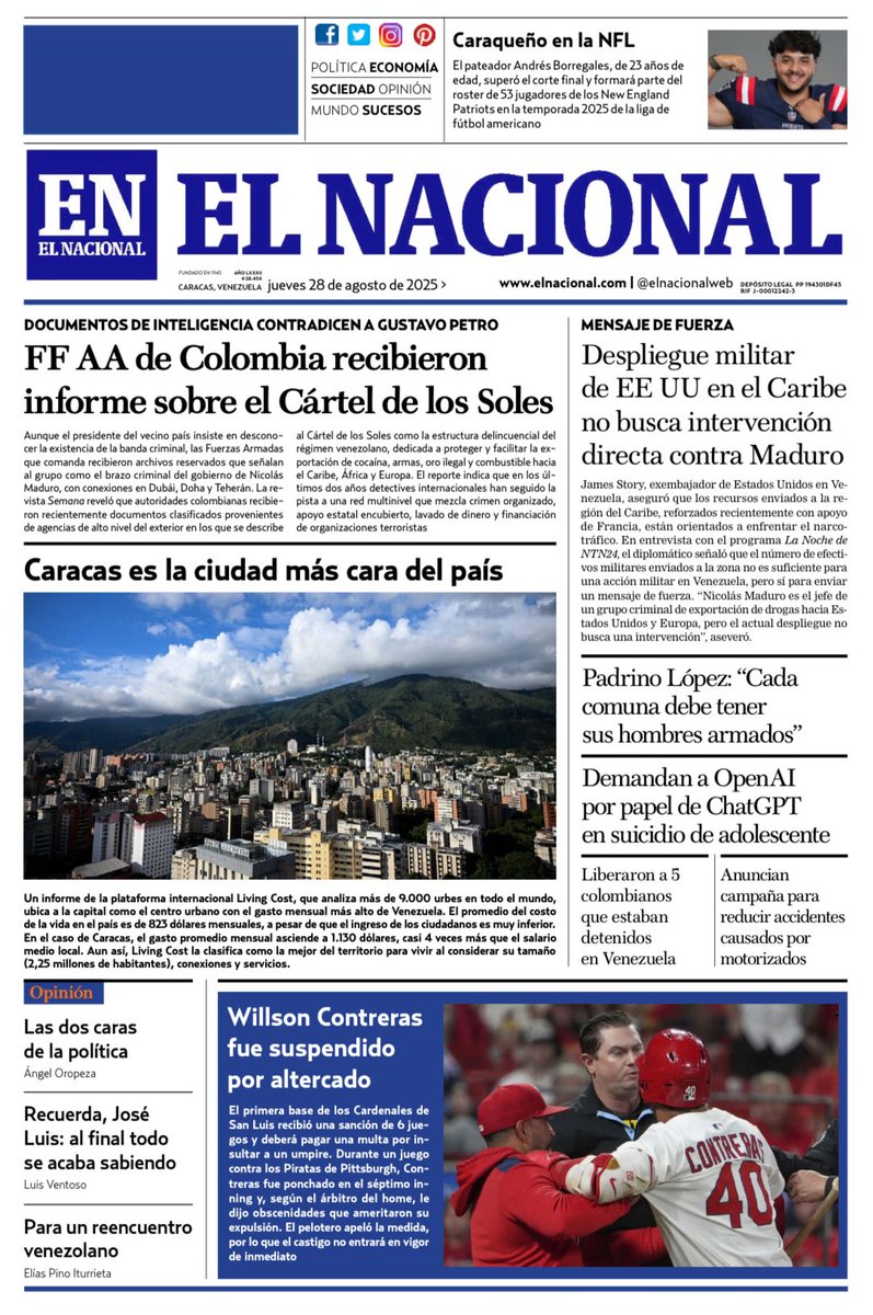 DarvinsonRojas's tweet image. #28Ago | Primera página del diario El Nacional.