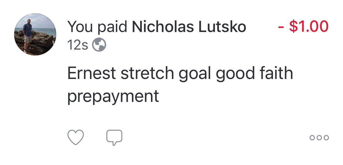 Ernest Goes to Chat (@ernestchat) on Twitter photo Earlier today I sent <a href="/NickLutsko/">Nick Lutsko</a> a proposal for a new Ernest song stretch goal at $90,001, and I sent him a dollar in good faith. He's already closing in on 92K.
I know he probably can't promise anything involving someone else's IP, but I'm hopeful. Enjoy the dollar, Nick. Earlier today I sent <a href="/NickLutsko/">Nick Lutsko</a> a proposal for a new Ernest song stretch goal at $90,001, and I sent him a dollar in good faith. He's already closing in on 92K.
I know he probably can't promise anything involving someone else's IP, but I'm hopeful. Enjoy the dollar, Nick.