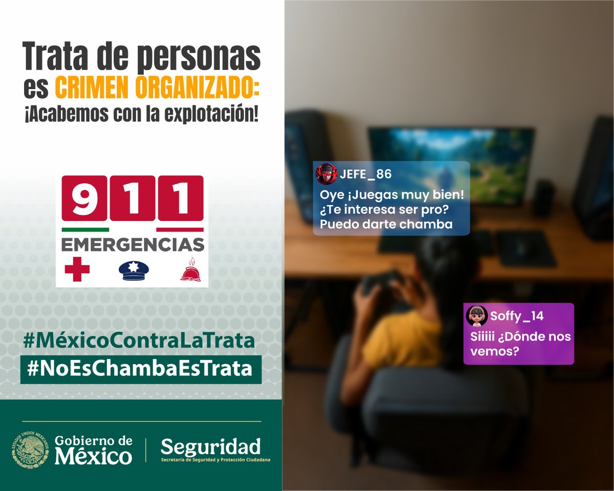 La Trata de Personas, es un delito, desconfía de promesas "fáciles" y ofertas sospechosas, recuerda #NoEsChambaEsTrata. 

🚨 Si conoces a alguien que puede ser víctima: 
⚠️ Infórmate y denuncia de manera anónima al 911 
📞 Línea Nacional contra la Trata de Personas: 800 5533 000
