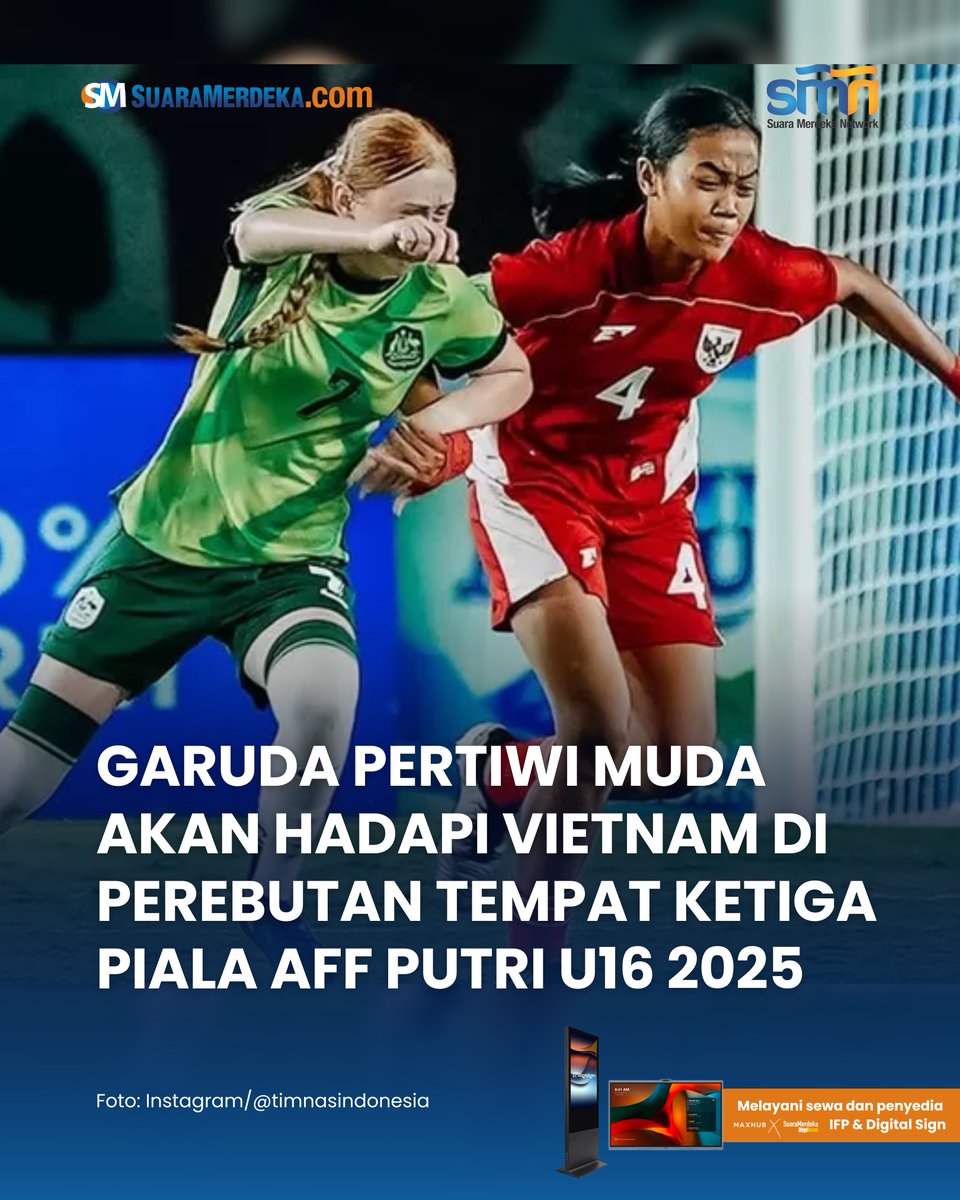 suaramerdeka's tweet photo. Berhadapan dengan tim kuat Australia di Stadion Manahan, Solo, Rabu (27/8/2025), skuad Garuda Pertiwi Muda harus mengakui keunggulan lawan.
https://t.co/yh6tihnjI3
#suaramerdeka #timnasputri #garudapertiwi #timnasputriu16 #pialaaffputriu16 #indonesia #australia #hasilakhir https://t.co/wy740K9E1J