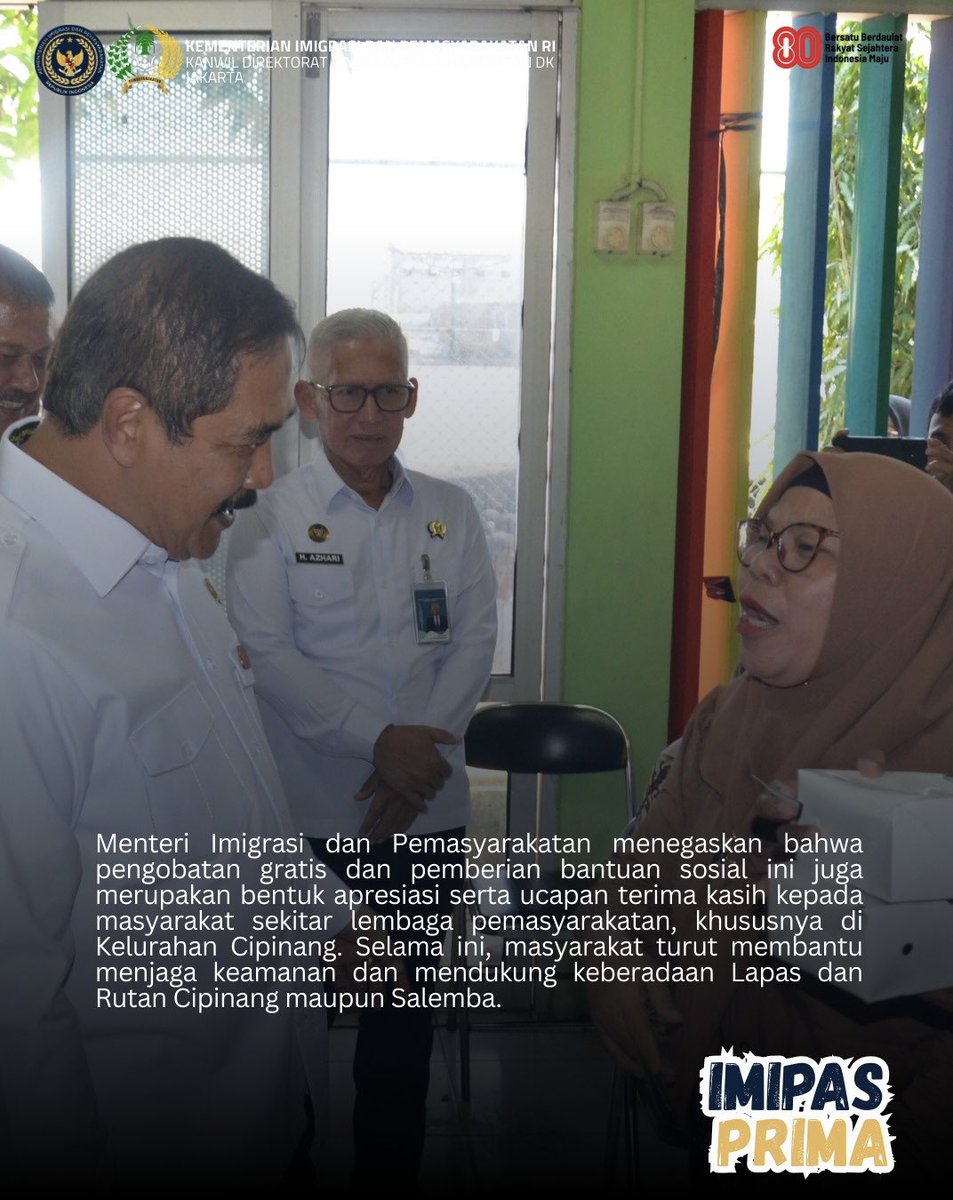 HumasPasDkJkt's tweet image. 💙Hadir untuk Negeri, Hadir untuk Masyarakat
Dalam rangka HUT Kemerdekaan RI ke-80, ribuan warga Cipinang Besar Utara menerima manfaat bansos &amp;amp; layanan kesehatan gratis dari Kementerian Imigrasi dan Pemasyarakatan.
#RI80 #BaktiUntukNegeri #Pemasyarakatanberdampakuntukmasyarakat