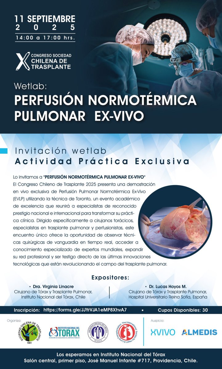 Una experiencia única en trasplante pulmonar!

Wetlab: Perfusión Normotérmica Pulmonar Ex-Vivo
11 septiembre 2025
Horario: 14:00 –17:00 hrs
Instituto Nacional del Tórax – Providencia, Santiago

Inscríbete  congresotrasplantechile.com

#CongresoTrasplante2025 #Wetlab #Trasplante