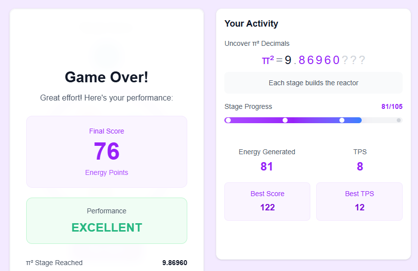 It's so much fun playing the Reactor Game! I managed to reach the decimal 9.86960 from π² with an EXCELLENT performance. My final score is 76! Come join too! <a href="/Pi_Squared_Pi2/">Pi Squared</a>