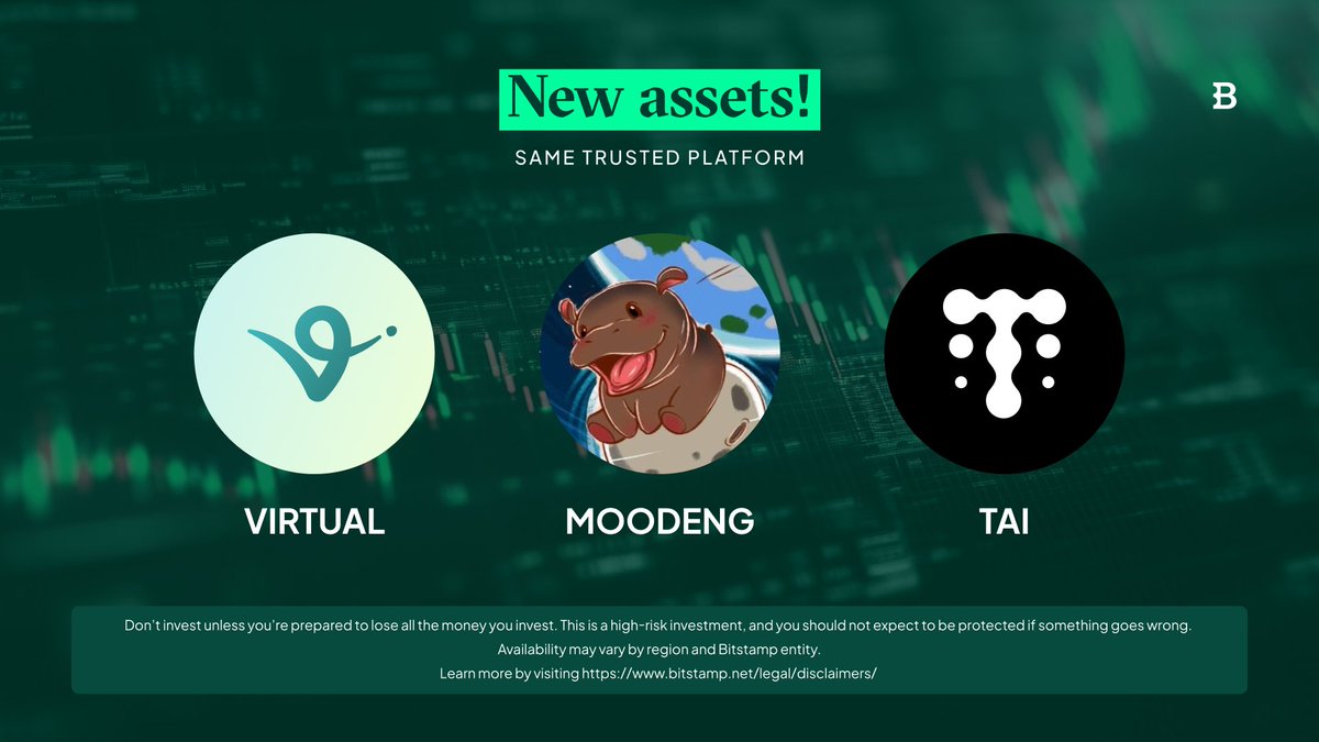 VIRTUAL、MOODENG、TAIなどの新規資産を発表するBitstampの告知画像