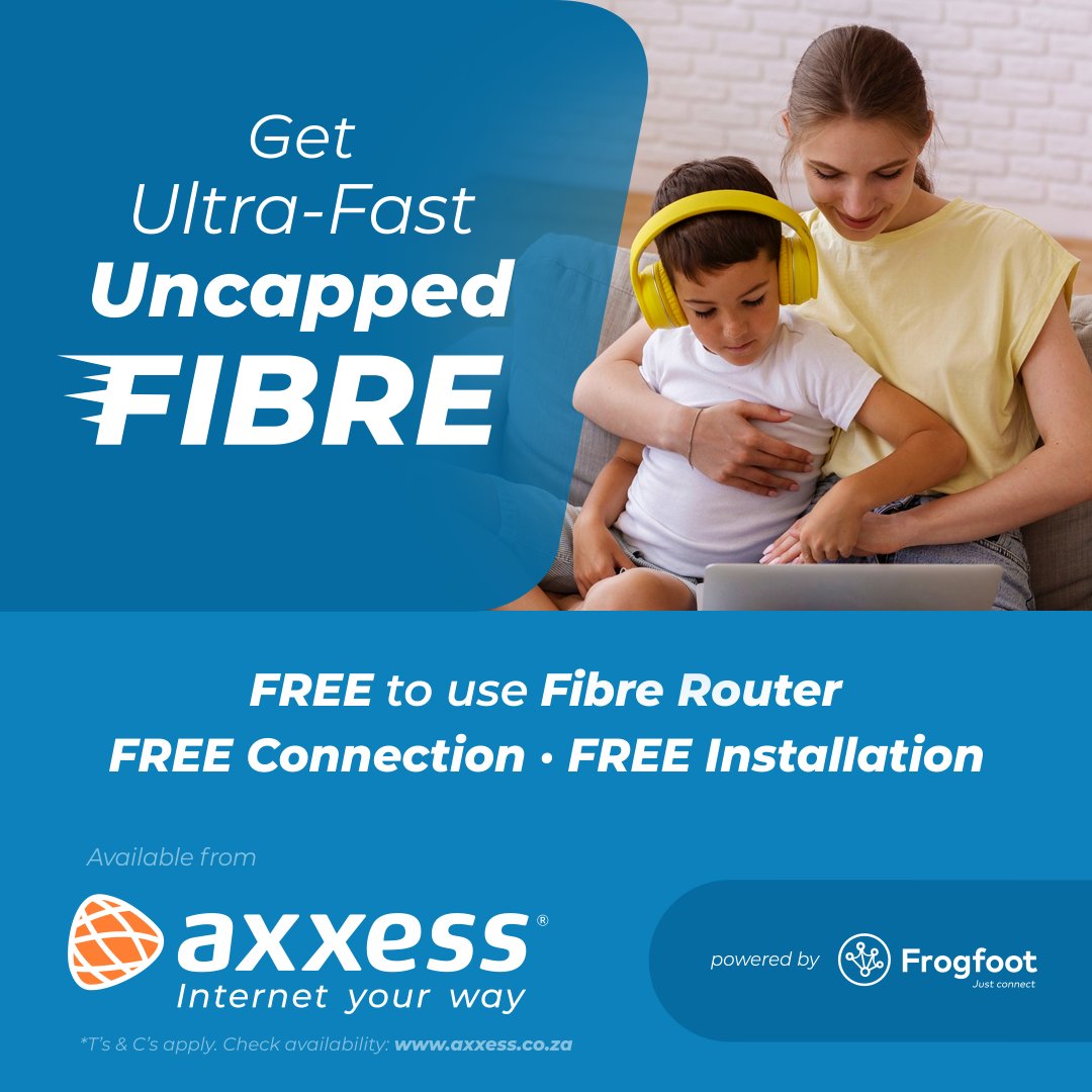 FFFibre's tweet photo. ๐ Get @AxxessInternet Fibre from just R620/month! Stream. Game. Binge. No buffering. No limits. ๐ฅ๐ฟ๐ Sign up: https://t.co/t7GyLElhTU
#AxxessInternet #Fibre #Uncapped #Frogfoot https://t.co/oQIZm2NHWb