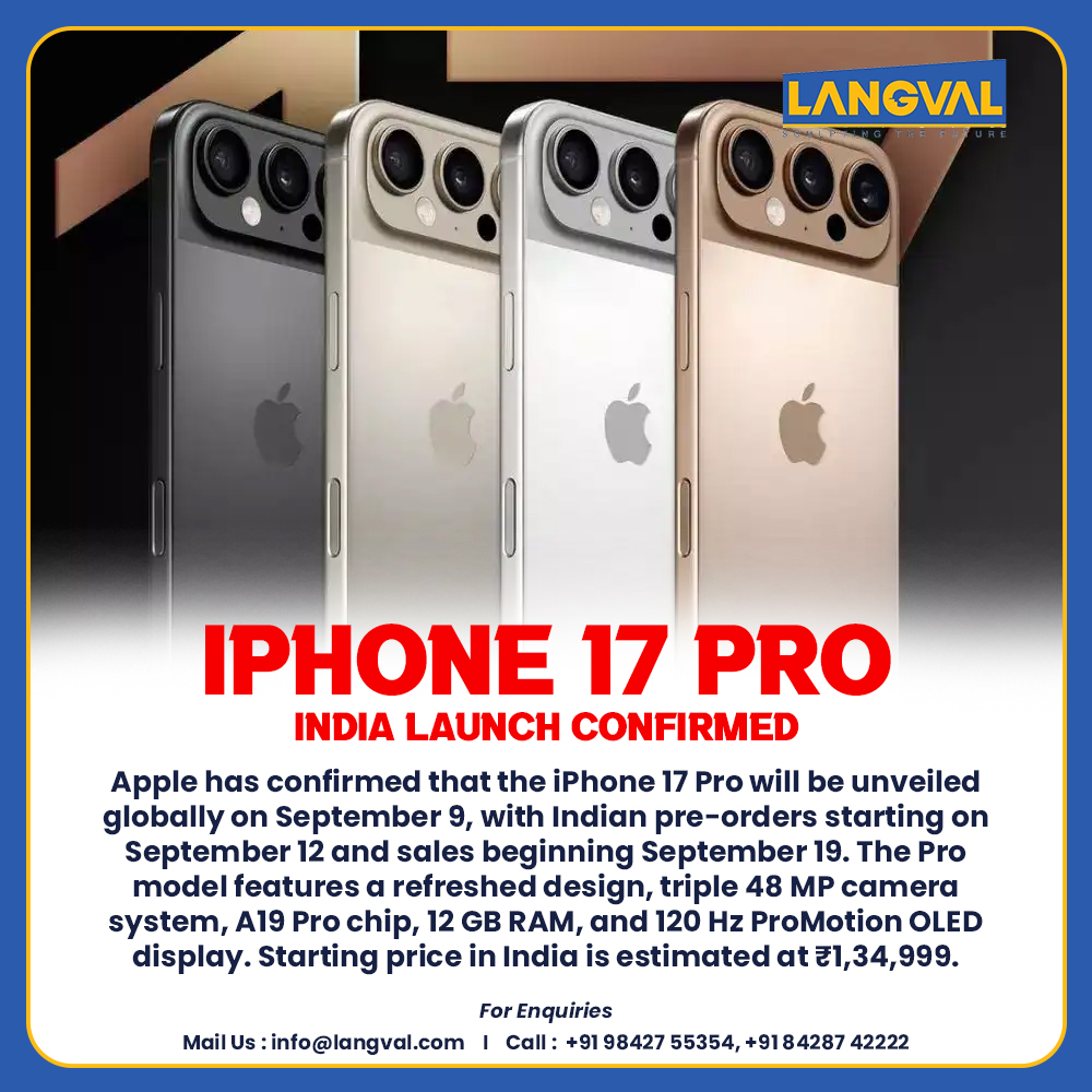 Langvalinfra's tweet image. 🚨 The Future is Here! 🚨
The all-new iPhone 17 Pro is set to redefine innovation.
📱 Global launch on Sept 9 | Pre-orders start Sept 12 | Available in India from Sept 19.

#iPhone17Pro #AppleIndia #Langval #NextGenTech #IndiaLaunch