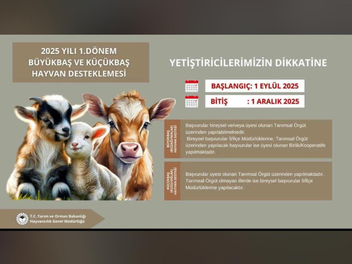 Tuşba İlçe Tarım ve Orman Müdürlüğü (@tusbatarimorman) on Twitter photo 2025yılı birinci dönem büyükbaş ve küçükbaş hayvan desteklemesi başvuruları 1 Eylül 2025 ile 1 Aralık 2025 tarihleri arasında yetiştiricimizin bulunduğu İlçe Tarm ve Orman Müdürlügü'ne başvurabilirler <a href="/ibrahimyumakli/">İbrahim Yumaklı</a> <a href="/tcvanvaliligi/">T.C. Van Valiliği 🇹🇷</a> <a href="/musagoktas_/">Musa Göktaş</a> <a href="/trgyssmn/">Turgay ŞİŞMAN</a> <a href="/bulentveziroglu/">Bülent VEZİROĞLU</a> 2025yılı birinci dönem büyükbaş ve küçükbaş hayvan desteklemesi başvuruları 1 Eylül 2025 ile 1 Aralık 2025 tarihleri arasında yetiştiricimizin bulunduğu İlçe Tarm ve Orman Müdürlügü'ne başvurabilirler <a href="/ibrahimyumakli/">İbrahim Yumaklı</a> <a href="/tcvanvaliligi/">T.C. Van Valiliği 🇹🇷</a> <a href="/musagoktas_/">Musa Göktaş</a> <a href="/trgyssmn/">Turgay ŞİŞMAN</a> <a href="/bulentveziroglu/">Bülent VEZİROĞLU</a>