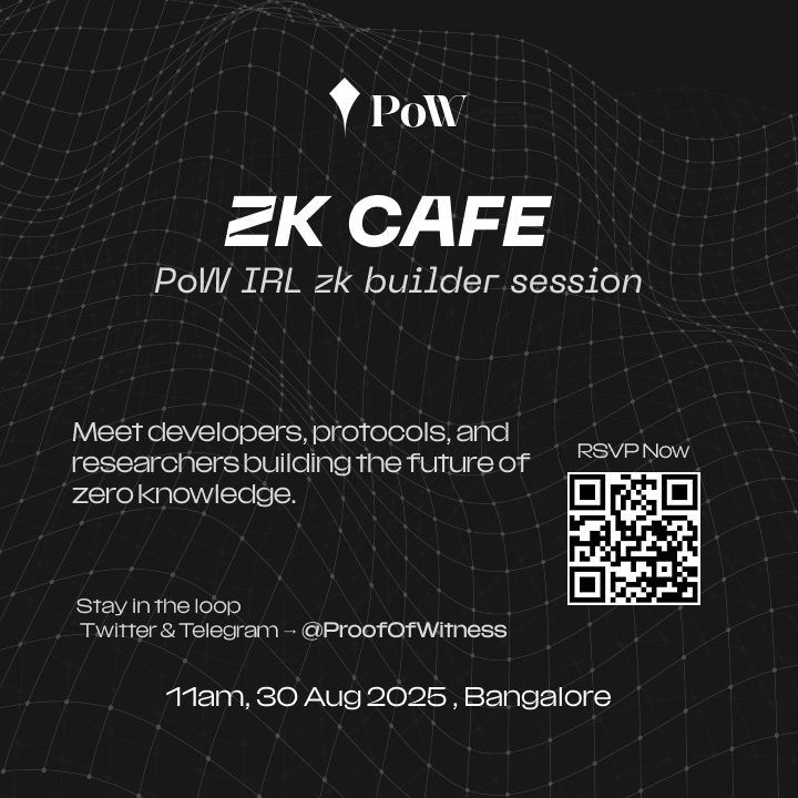 ProofOfWitness's tweet photo. Bangalore whattt ??🌍

The next zk stop is here and Proof of Witness is pulling up this Saturday with ZK Cafe

Coffee ☕ burgers 🍔 and zk frens all vibing together to connect and create

but like… what even is ZK Cafe?👀 https://t.co/ZkV0usllYZ