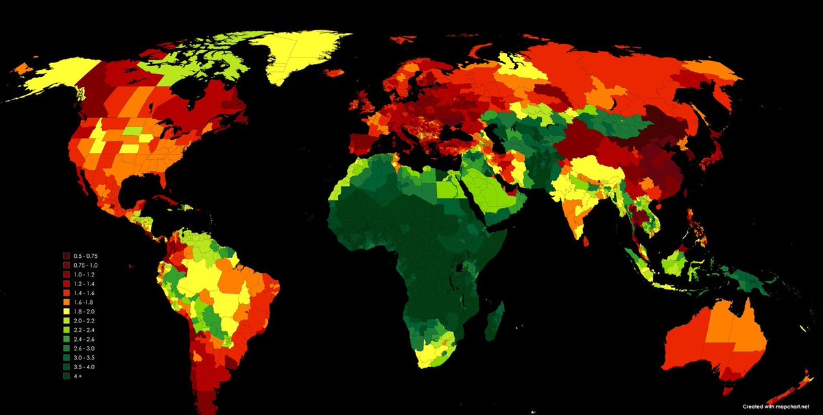 Global fertility rates. The countries in red will watch their pensions and healthcare systems implode, and their real estate markets collapse. This is a train wreck in slow motion. Why don’t politicians put promoting having children and families as their top priority?