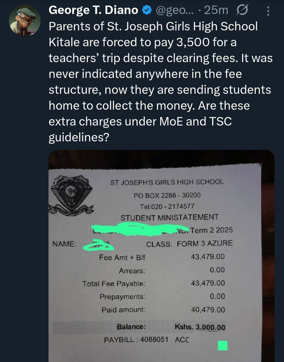 Rëis (@itsskyt) on Twitter photo Evidences. I knew it was true. Where is MoE on this matters? The economy is so bad to be asking parents to pay Ksh 3500 eti trip ya teachers! No!
<a href="/georgediano/">George T. Diano</a> Evidences. I knew it was true. Where is MoE on this matters? The economy is so bad to be asking parents to pay Ksh 3500 eti trip ya teachers! No!
<a href="/georgediano/">George T. Diano</a>