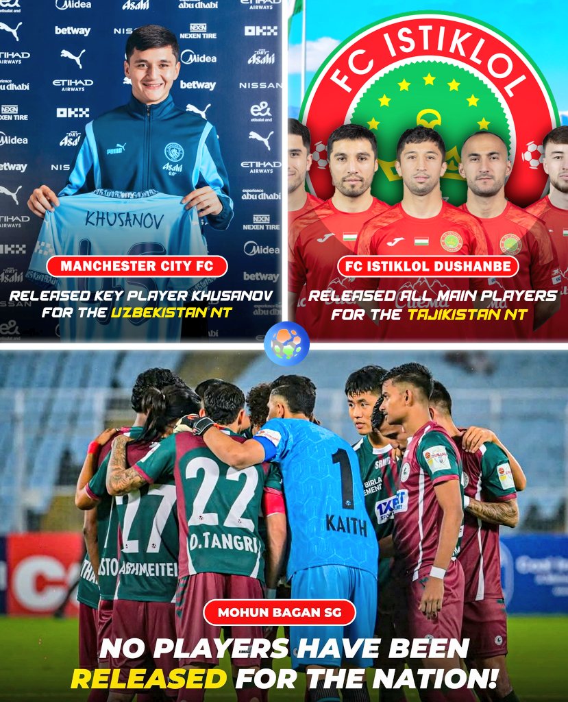 🇮🇷 Inter Milan released Mehdi Taremi for the Iran NT

🇺🇿 Manchester City sent Khusanov for the Uzbekistan NT

🇹🇯 FC Istiklol released several key players for the Tajikistan NT

Meanwhile, Mohun Bagan have not released a single player for the #IndianFootball team. Disappointing 📉