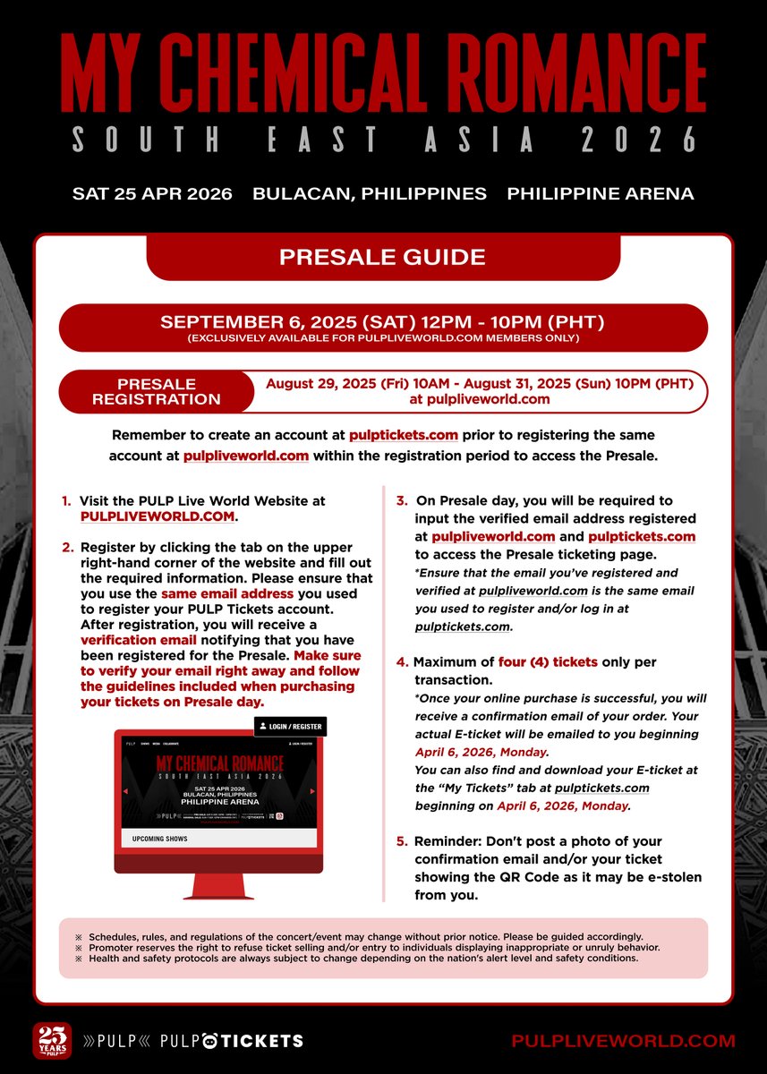 pulpliveworld's tweet photo. This is what you've been waiting for, MCRmy! 🙌 Here’s everything you need to know to secure your spot early at MY CHEMICAL ROMANCE (@MCRofficial) SOUTH EAST ASIA 2026 TOUR IN BULACAN happening on April 25, 2026, at the Philippine Arena!

To join the presale, make sure you register at https://t.co/z89P7TlZ1S in advance using the same email you’ll use for https://t.co/bnKiYbrOb4. This is very important so you’ll receive the full presale guide via email and be ready when ticket purchasing opens!

Here are the dates you should mark on your calendars:
🎟 Presale Registration: August 29, 10AM until August 31, 10PM PHT at https://t.co/z89P7TlZ1S
🎟 Presale – September 6, 2025 (12PM–10PM PHT) only at https://t.co/bnKiYbrOb4
🎟 General Sale – September 7, 2025 (12PM PHT) available online at https://t.co/bnKiYbrOb4 and onsite at all @smtickets and @TicketNetPH outlets.

Prepare your account, double-check your details, and good luck! 🔥

#MyChemicalRomanceinPH2026 @pulptickets
