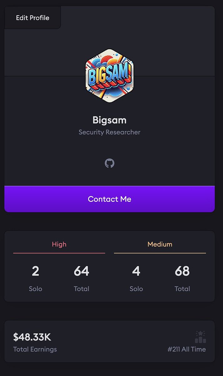 Bigsam (@amolegbesamuelt) on Twitter photo ...132 findings and still counting.
Thank you <a href="/code4rena/">Code4rena</a>, <a href="/sherlockdefi/">SHERLOCK</a>, <a href="/cantinaxyz/">Cantina 🪐</a>, <a href="/HatsFinance/">Hats.Finance 🦇🔊</a>, <a href="/CodeHawks/">Cyfrin CodeHawks</a>, <a href="/LanreBayode1/">Lanre Bayode</a>, <a href="/pashovkrum/">pashov</a>, <a href="/jack__sanford/">Jack Sanford 🛡️</a> , <a href="/PatrickAlphaC/">Patrick Collins</a> for creating opportunities and support to make this possible.
Thank you💯.
...we aren't done yet 📌 ...132 findings and still counting.
Thank you <a href="/code4rena/">Code4rena</a>, <a href="/sherlockdefi/">SHERLOCK</a>, <a href="/cantinaxyz/">Cantina 🪐</a>, <a href="/HatsFinance/">Hats.Finance 🦇🔊</a>, <a href="/CodeHawks/">Cyfrin CodeHawks</a>, <a href="/LanreBayode1/">Lanre Bayode</a>, <a href="/pashovkrum/">pashov</a>, <a href="/jack__sanford/">Jack Sanford 🛡️</a> , <a href="/PatrickAlphaC/">Patrick Collins</a> for creating opportunities and support to make this possible.
Thank you💯.
...we aren't done yet 📌