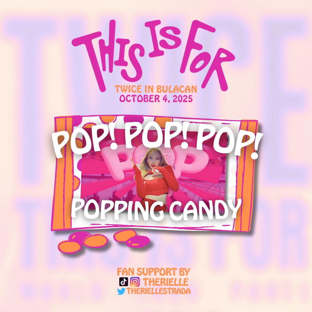 #THISISFOR for all my PH ONCEs 🍭✨

POP!PING CANDY FAN SUPPORT 🍬

Will give these out on October 4!

No mechanics. Follow, like &amp; RTs appreciated

See you in Bulacan 🩷🧡

#TWICE_THISISFOR_WORLD_TOUR #TWICE_THISISFOR_WORLD_TOUR_IN_BULACAN #THISISFORINBULACAN #THISISFOR_BULACAN