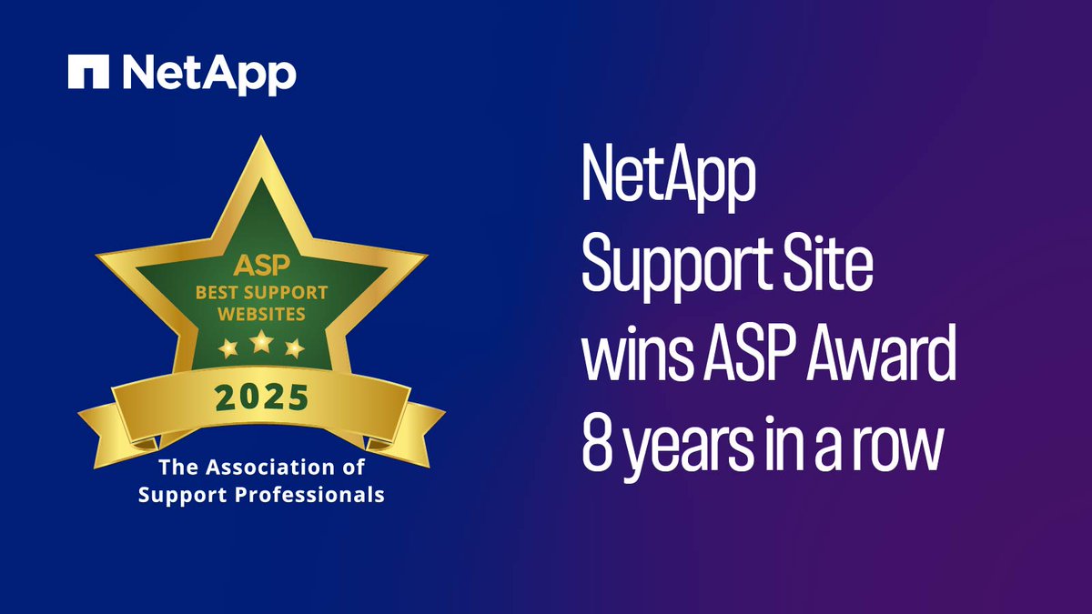 🌟 Another milestone achieved! The NetApp Digital Support Site has won the ASP Award for the 8th year running. Thank you to our amazing team and customers!

Read more: tinyurl.com/2s44h8ru
#digital #support #ASPAwards <a href="/NetApp/">NetApp</a>