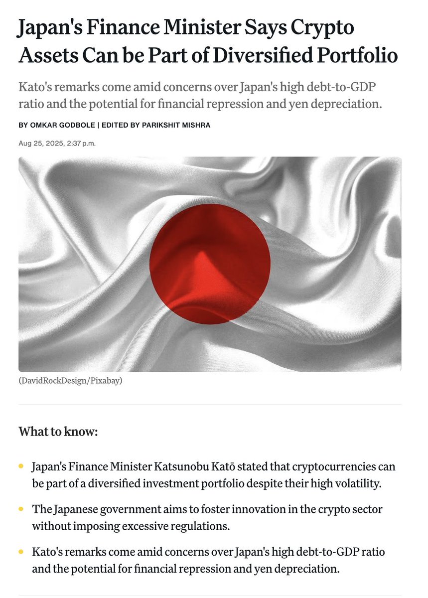 Interesting development: Japan’s Finance Minister recently acknowledged what many forward-looking nations already see:

-Crypto assets can play an important role in a diversified investment portfolio.
-Japan will look to balance innovation and regulation.

The message is clear: