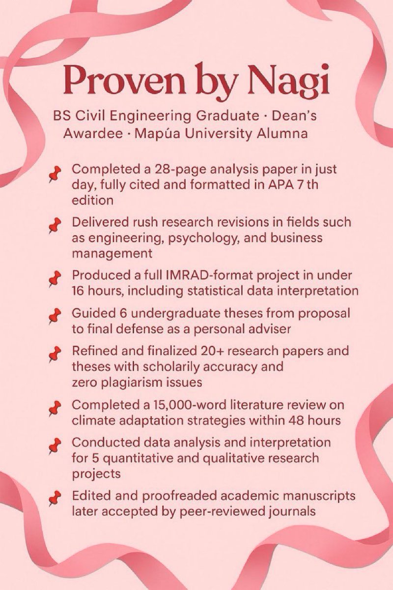 🌸 Proven by Nagi 🌸
Behind every polished thesis, every rush paper saved before the deadline, and every research project that turned from messy draft to shining final output — there’s passion, precision, and persistence.

As a BS Civil Engineering Graduate, Dean’s Awardee, and