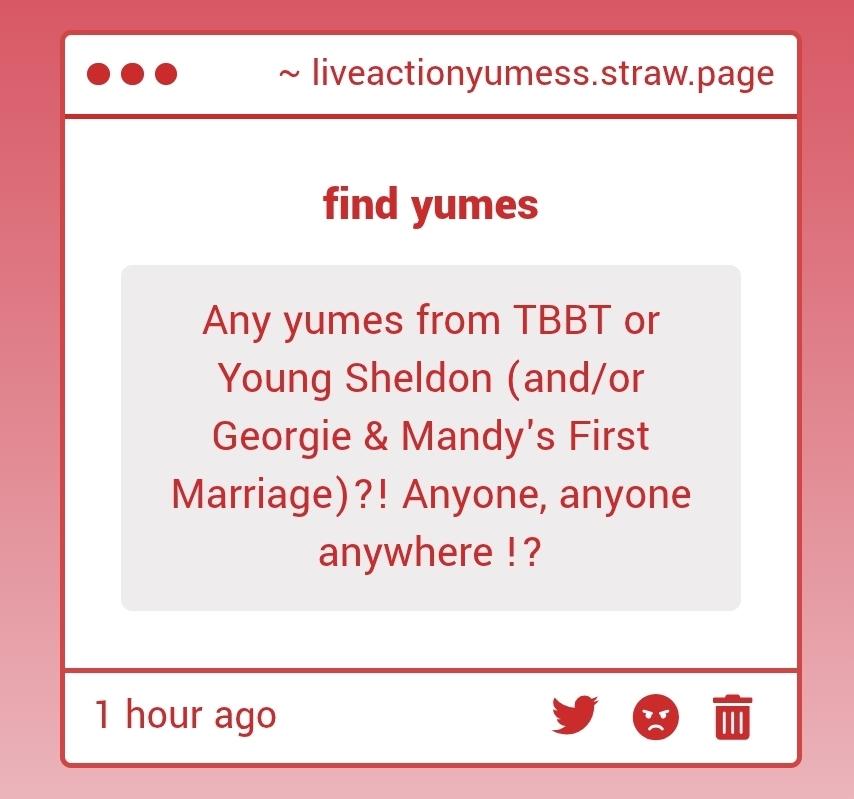 LiveActionYumes's tweet photo. [🔎]
🚂⚡anon is looking for TBBT, Young Sheldon or G&amp;MFM yumes! https://t.co/LZSIxQevdr