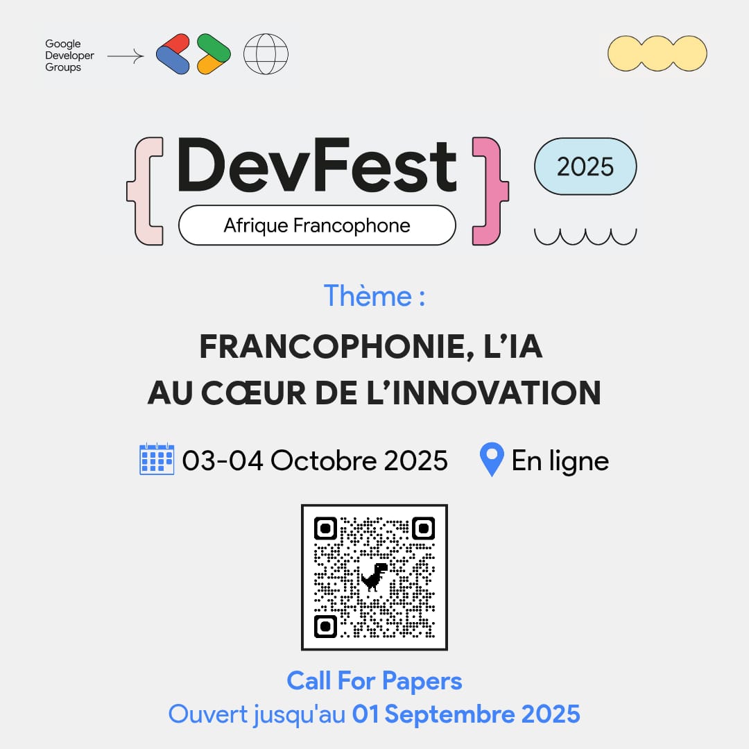 GDGAfriqueFranc's tweet photo. 📢 Nous prolongeons la date de clôture des CFPs du #DevFest Afrique Francophone jusqu’au 1er septembre 2025.
Vous pouvez proposer votre talk via le lien suivant : https://t.co/DVvDYJ0BwZ
RSVP et plus d'infos : https://t.co/lLCzJeRs2X
#DevFestAF25 https://t.co/T3WVtulkfQ