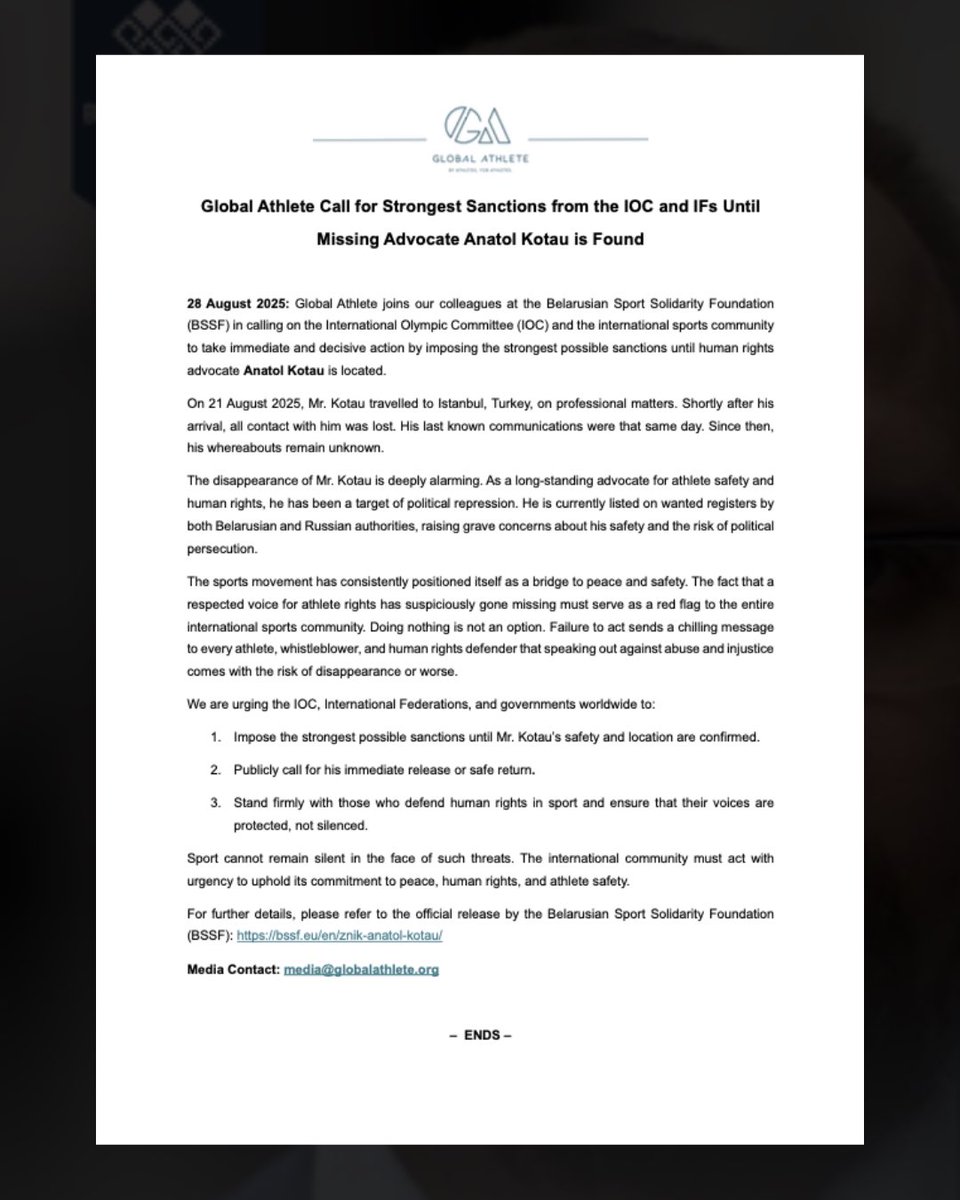 We join our colleagues at <a href="/bssfbel/">Belarusian Sport Solidarity Foundation</a> in calling for immediate action on the disappearance of human rights and athlete safety advocate Anatol Kotau who is currently listed on Russian &amp; Belarusian wanted registers. 

<a href="/iocmedia/">IOC MEDIA</a> <a href="/ASOIFSummerIFs/">ASOIF</a> <a href="/ANOC_Olympic/">ANOC</a>

bit.ly/bmak8