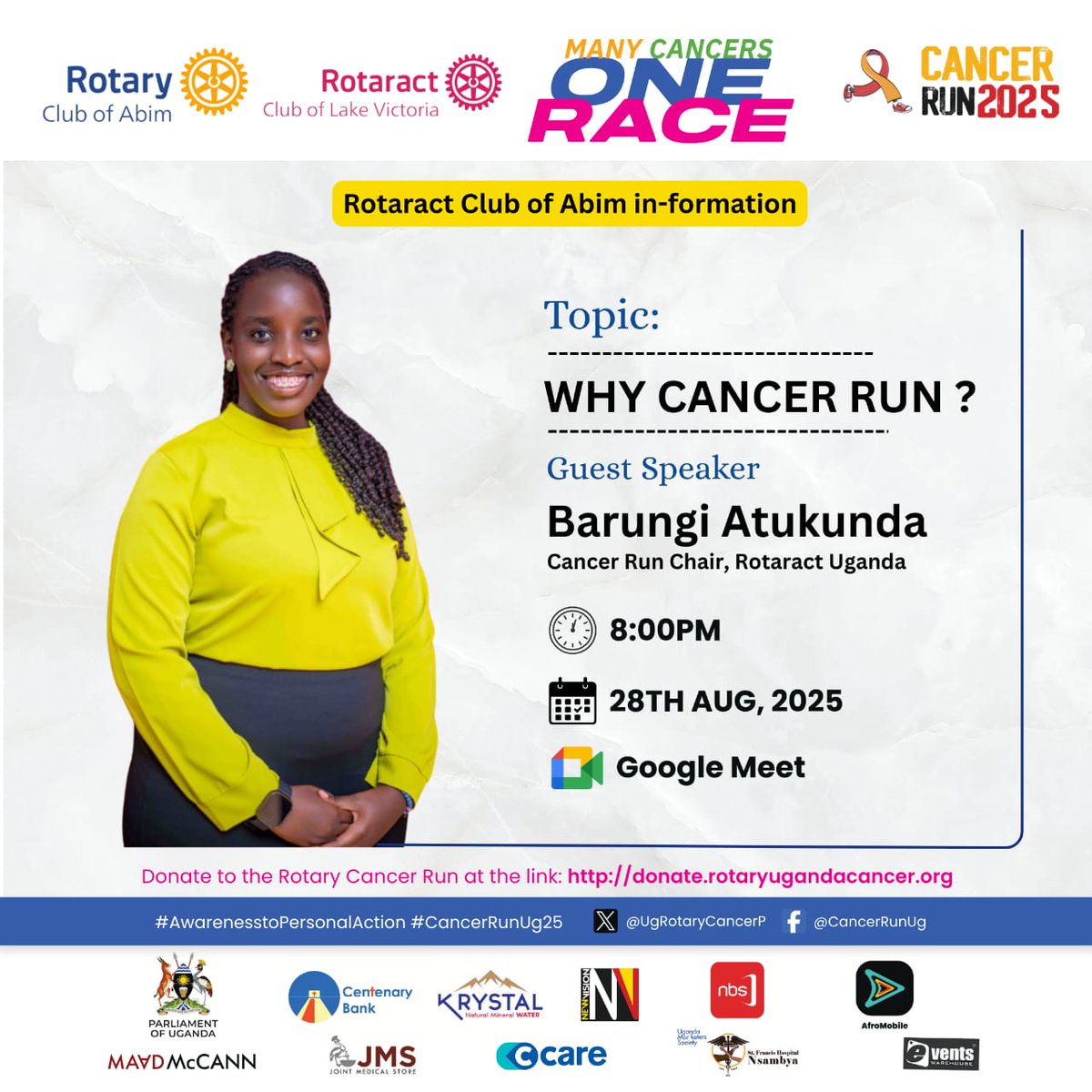 rctabim's tweet photo. Want to know why we run? Join us to appreciate the #CancerRunUg25 in an informative session with the Cancer Run Chair, Rotaract Uganda.
Topic: WHY CANCER RUN?
Speaker: @BarungiPearl
Time: 8:00 - 9:00 pm
Date: Thursday, 28th August 2025
#TheRoaringCub
#UniteForGood https://t.co/HoiKGMNlxP