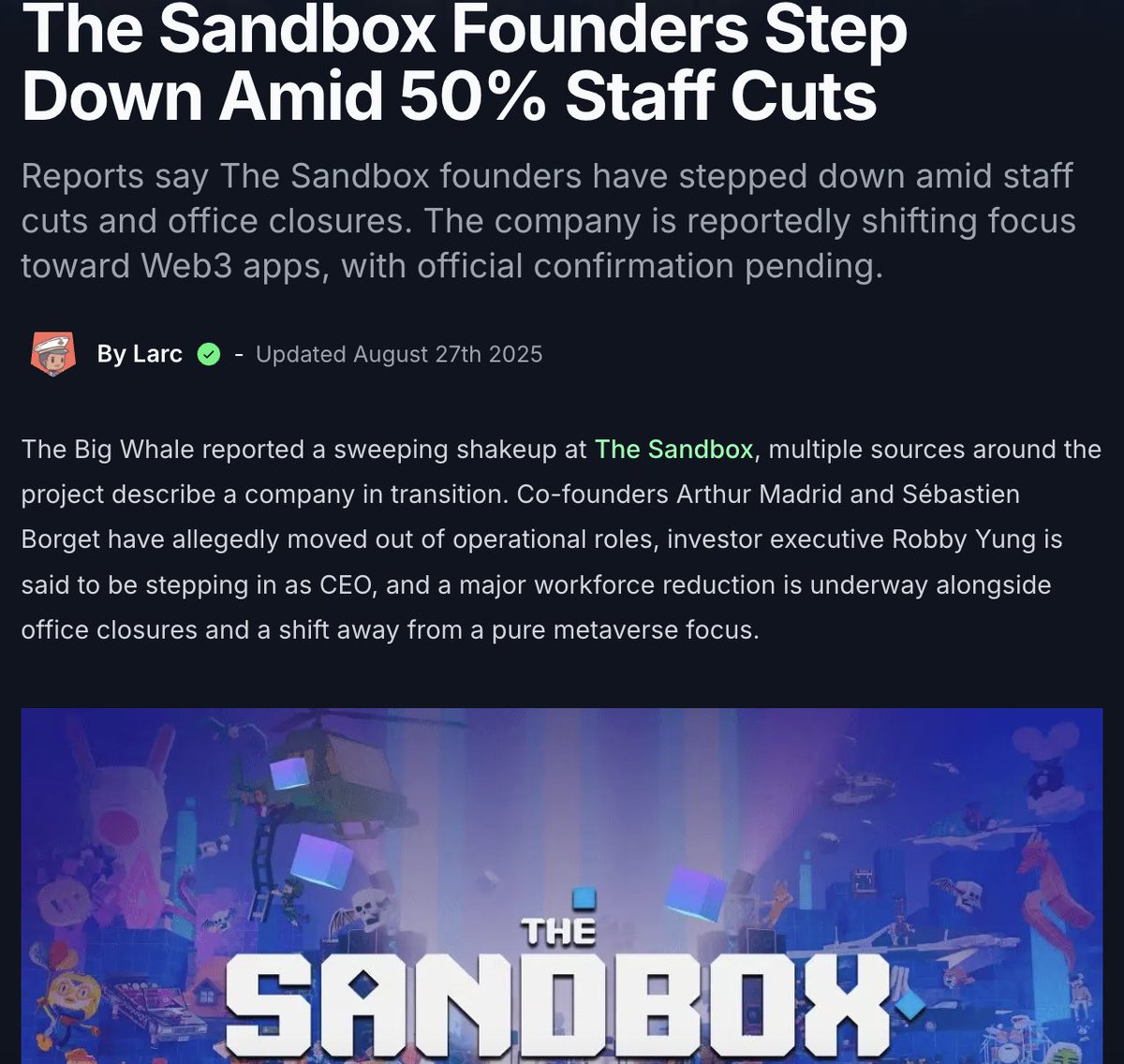 XYiduo's tweet image. 香港元宇宙龙头 Sandbox 被曝大裁员 50%，CEO 与联合创始人双双离任，部分办公室关停。

按照年初 250 人的规模，预计超 120 人将被裁。

从明星项目到急刹车，这是不是山寨季的真实写照？
大家还看好元宇宙赛道吗？

#Sandbox #元宇宙 #Web3