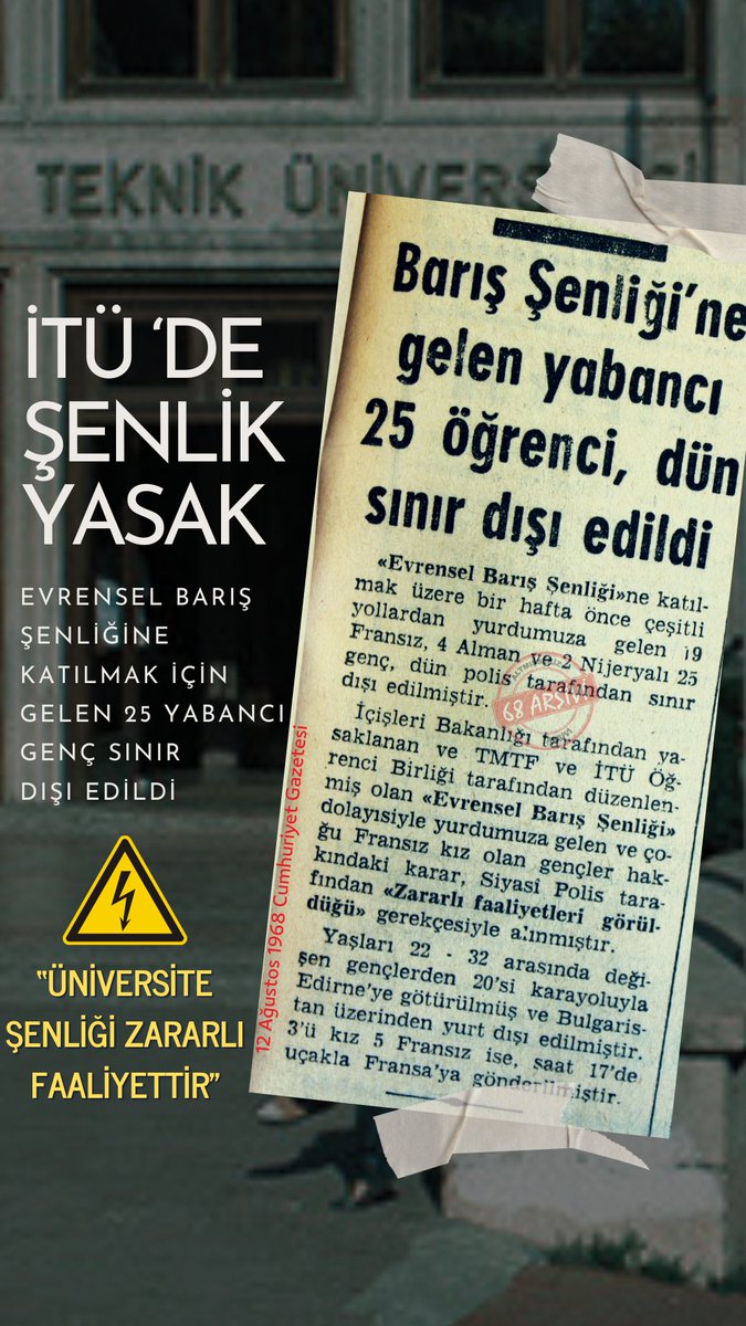 68arsivi's tweet image. İTÜ şenliğine katılmak için yurtdışından gelen gençler sınır dışı edildi... 1968

#68kuşagı #68arşivi #devgenç #harunkaradeniz #devrimci #gençlik  #üçfidan  #darağacı #denizgezmiş #hüseyininan #yusufaslan #mahirçayan #sol #ibo #sosyalizm #komünizm  #tip #taylanözgür #itü