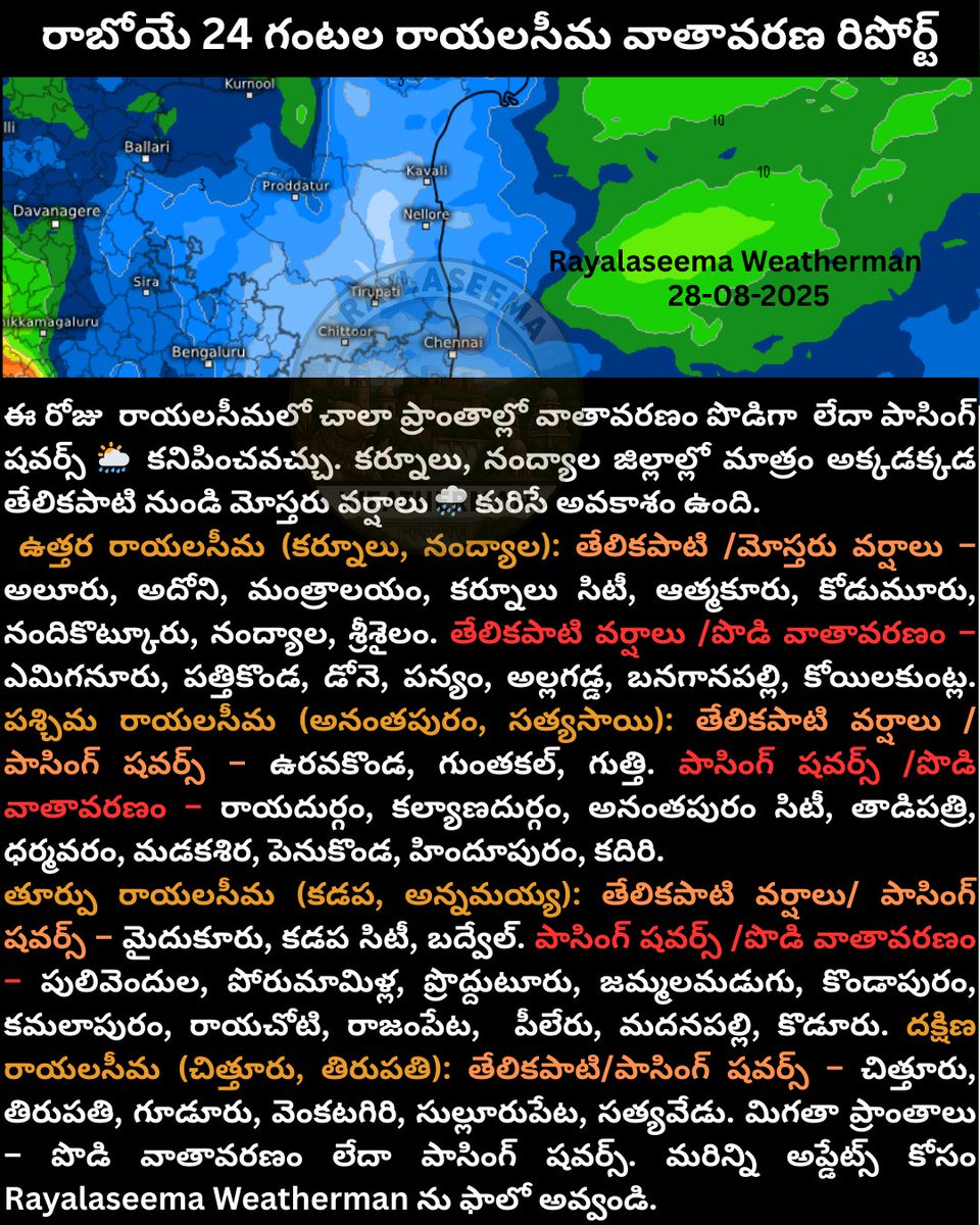 Rayalaseema_WX's tweet photo. Today few parts of Rayalaseema can see passing showers to light rains. Most parts to remain dry.
#AndhraPradesh #WeatherAlert
#Monsoon2025 #monsoonsession2025
#MonsoonSession #rayalaseema #anantapur #kadapa #kurnool #chitoor #annamaya #sathyasai #tirupati https://t.co/ny0QUcuZ7w