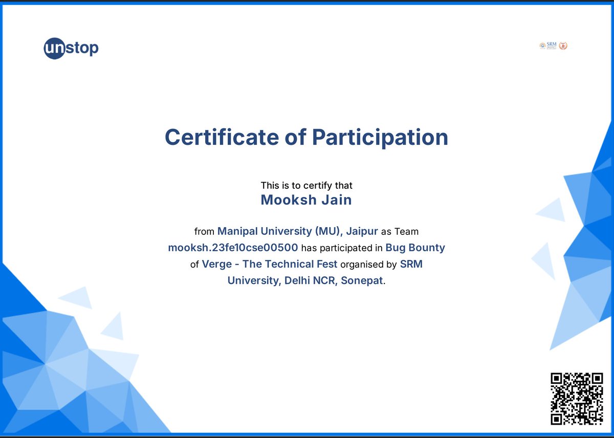 Maverickbitcode's tweet image. Participated in the Adobe Hackathon, where innovation met creativity and collaboration. Took part in VJTI INNOVIZE, diving deep into problem-solving . Explored cybersecurity and ethical hacking at the Bug Bounty Challenge during VERGE – The Technical Fest by SRM.